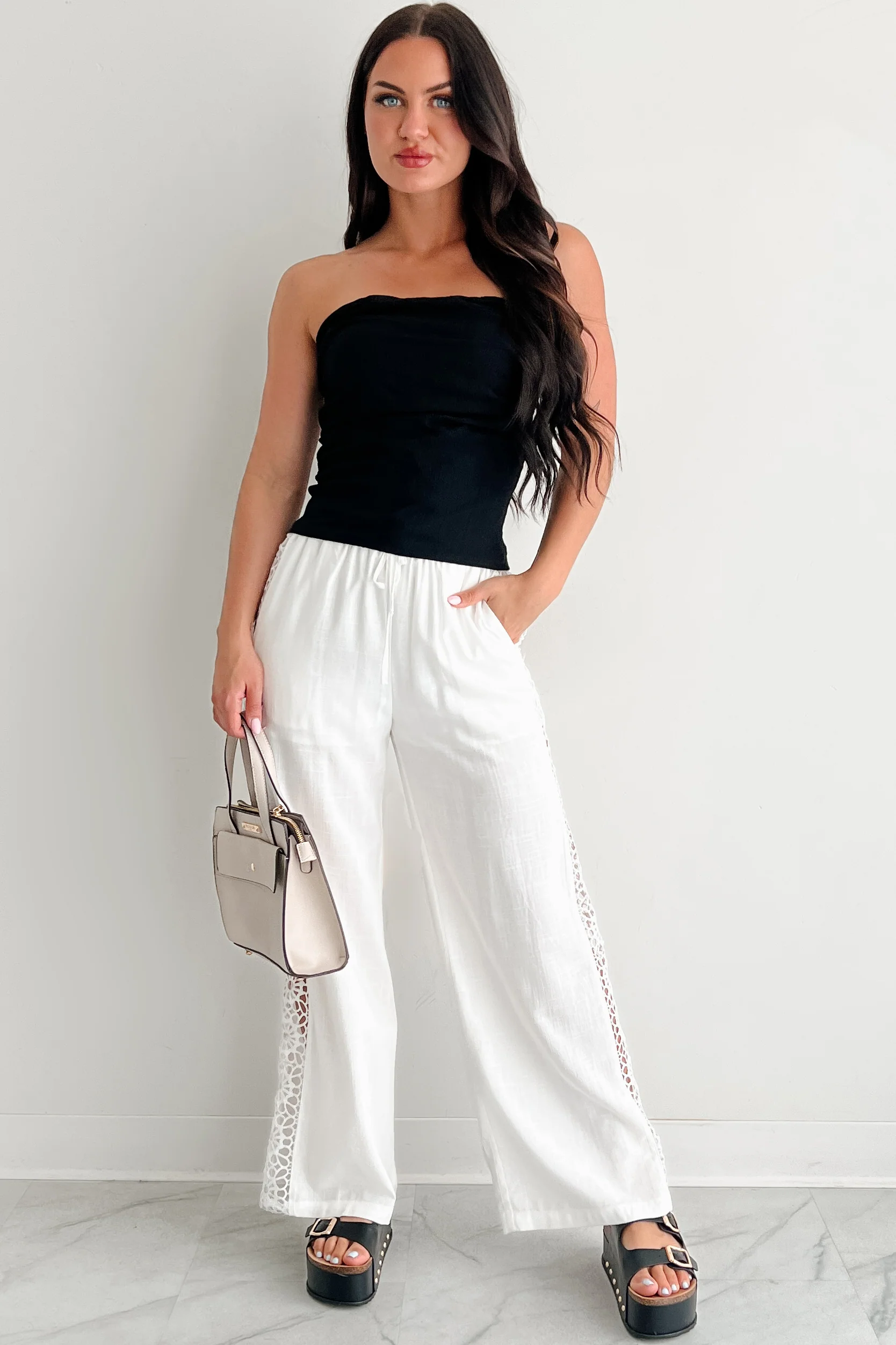 Gentle & Genuine Linen Crochet Wide Leg Pants (White) - Image 5