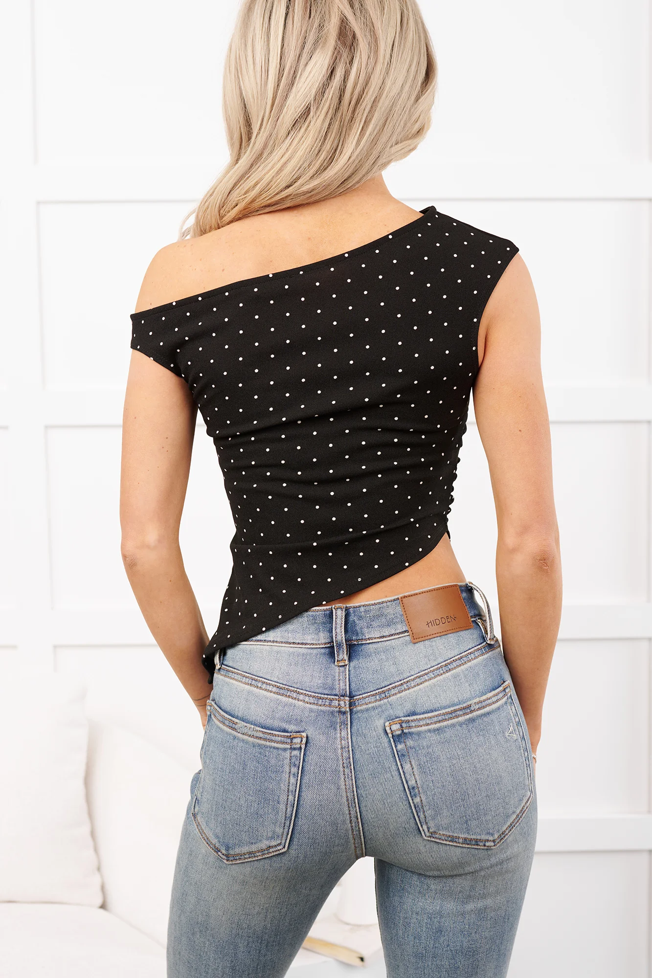 Girlish Glee One Shoulder Polka-Dot Top (Black/Ivory) - Image 6