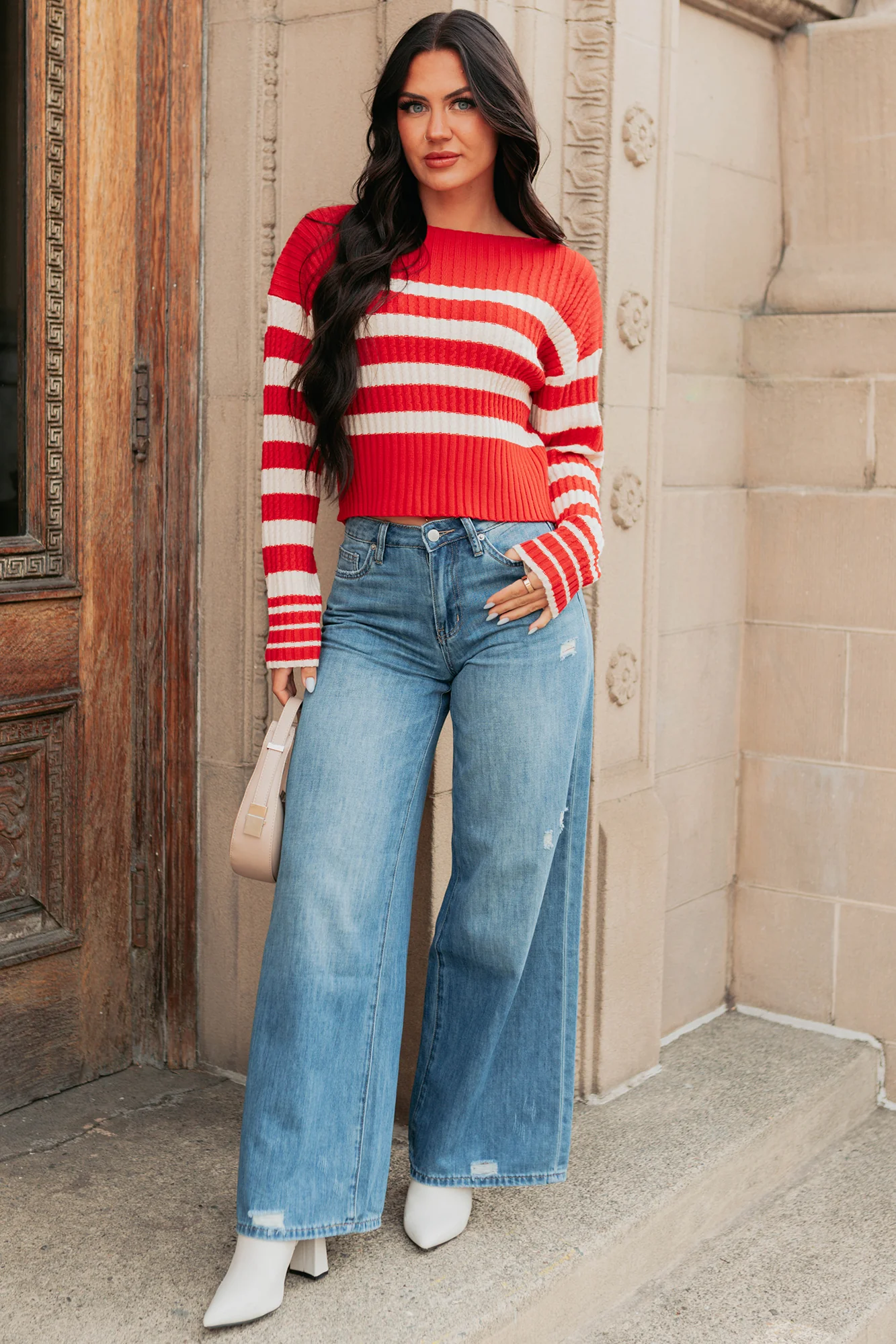 Give And Take Striped Boat Neck Sweater (Red) - Image 2