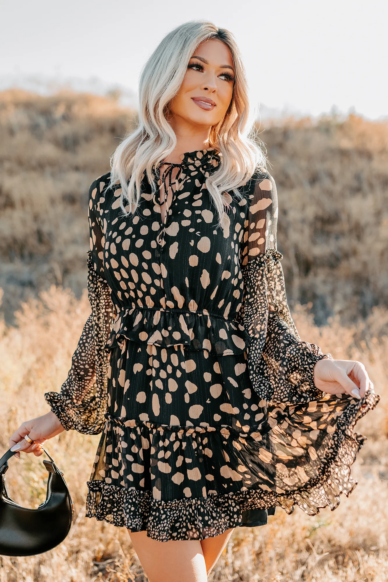 Good As Gold Chiffon Ruffle Mini Dress (Black Print) - Image 5
