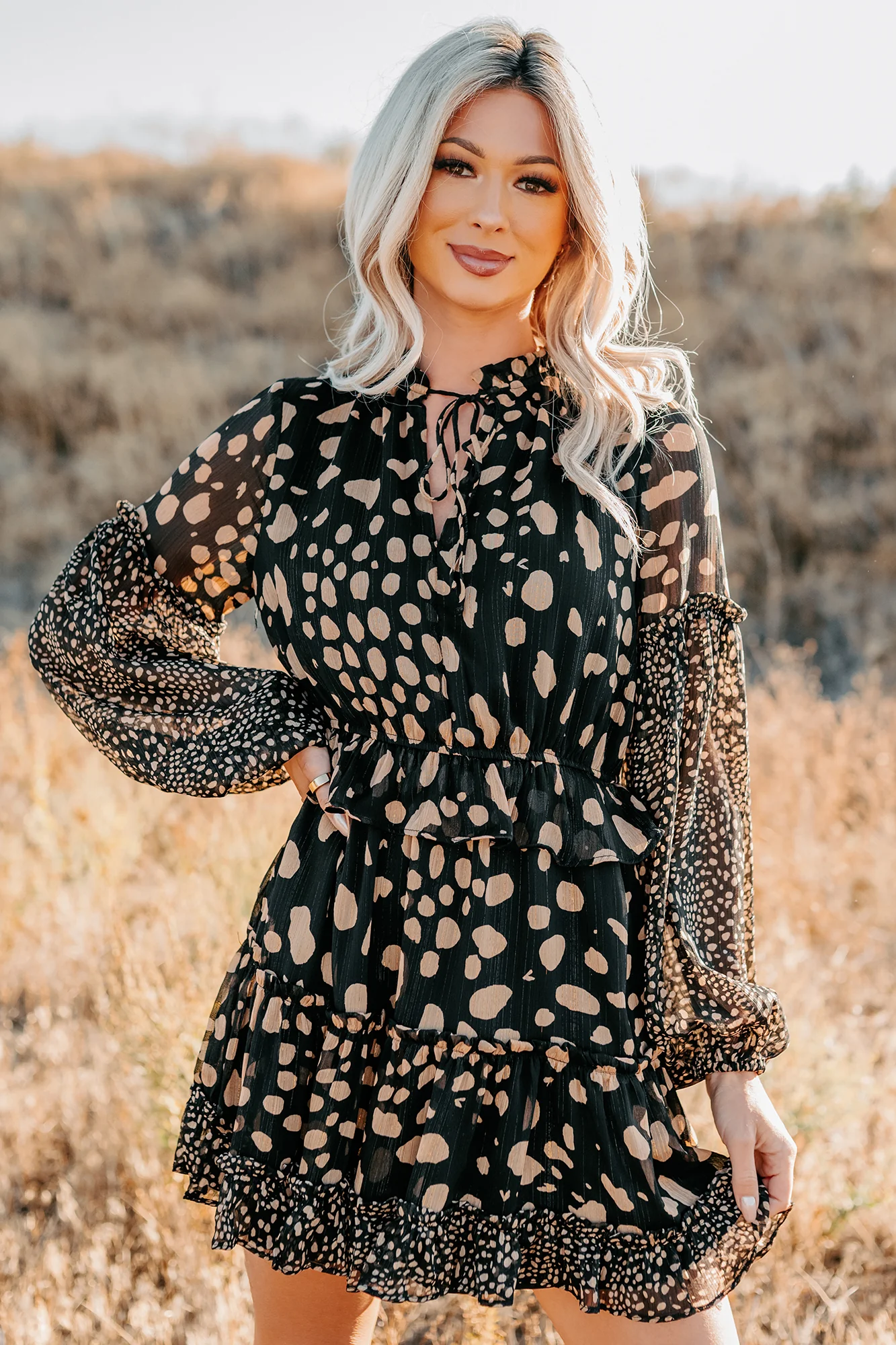 Good As Gold Chiffon Ruffle Mini Dress (Black Print) - Image 7