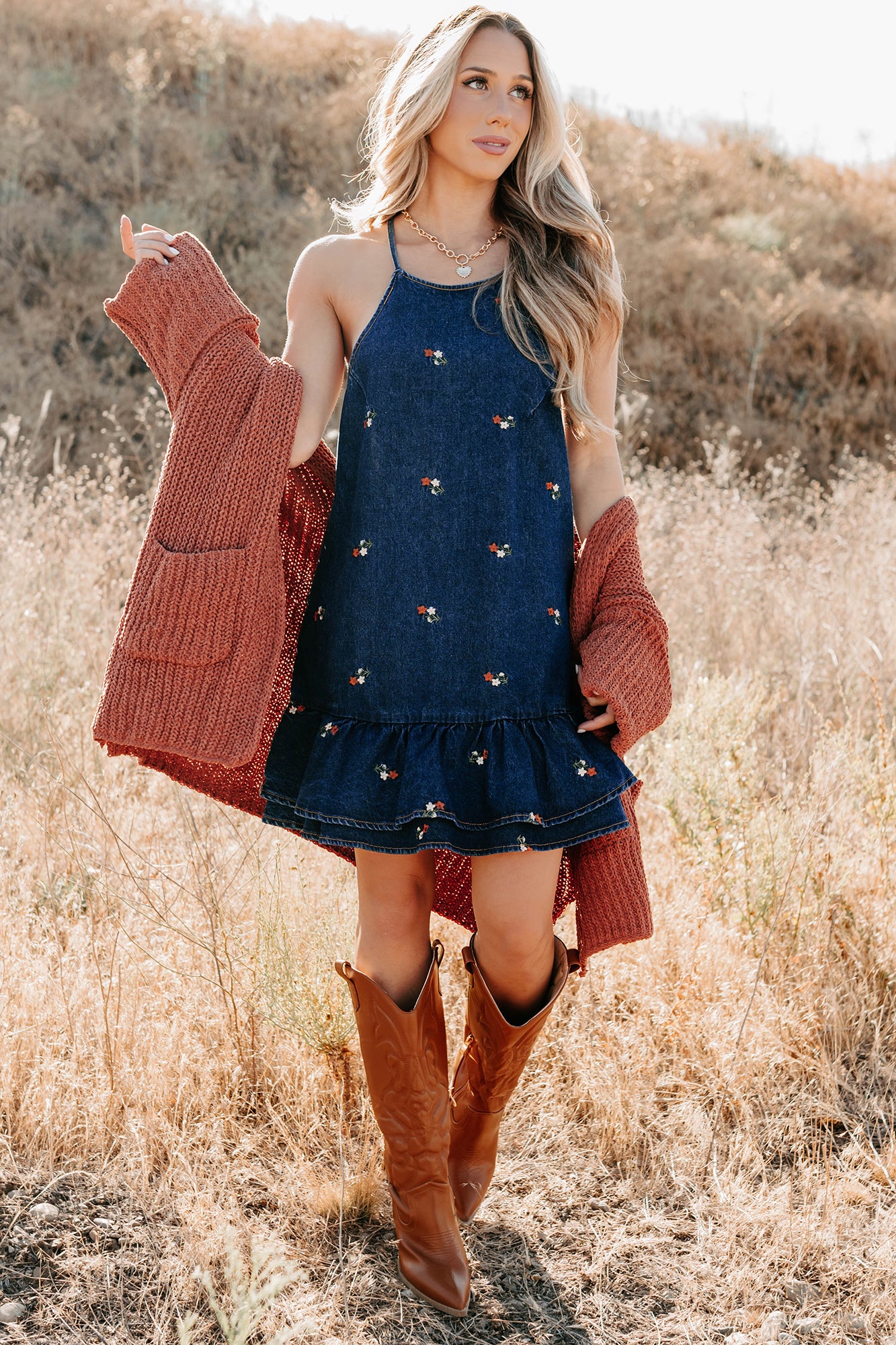 Graceful Grit Halter Floral Mini Dress (Dark Denim) - Image 2