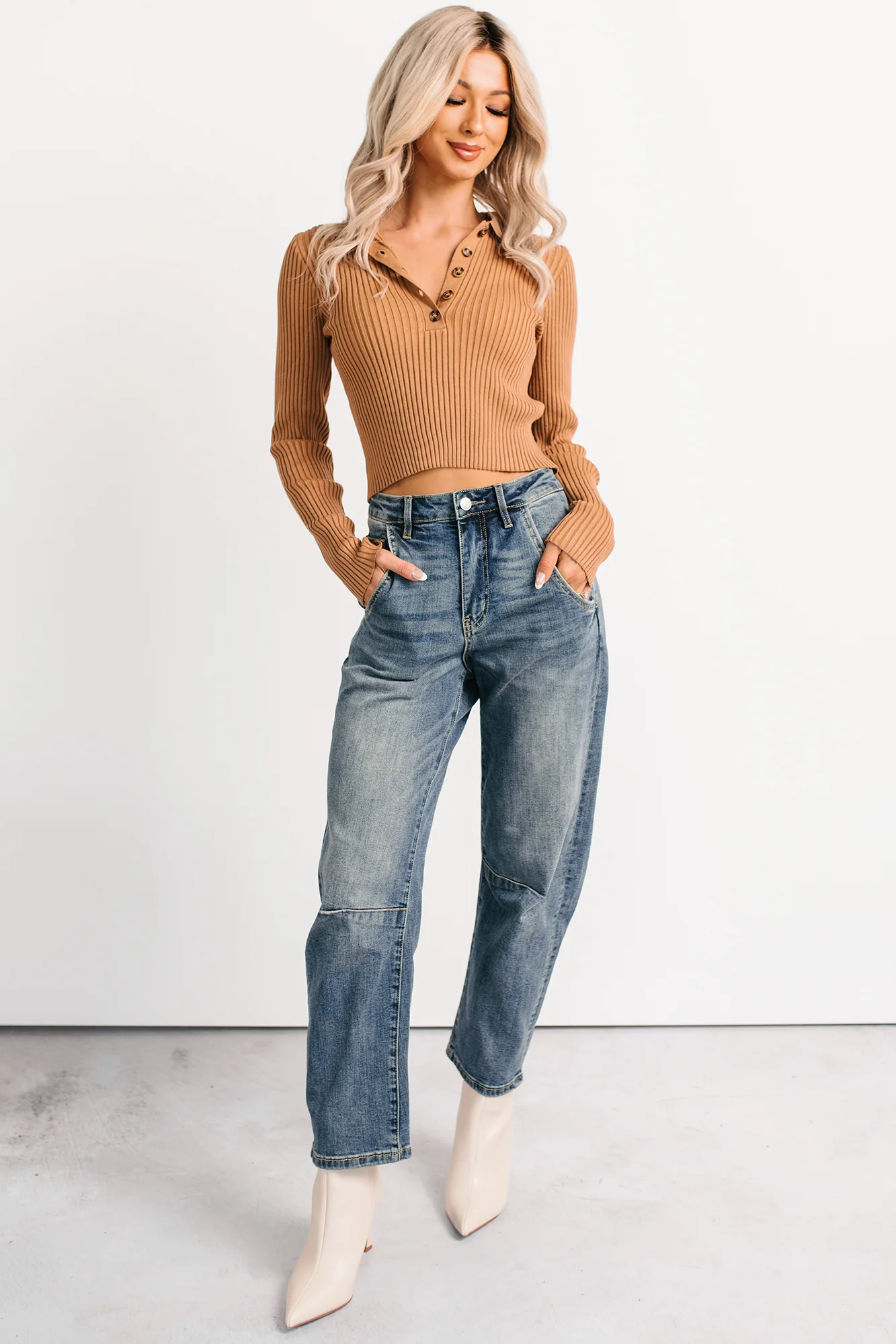 Half Serious Long Sleeve Ribbed Knit Polo Top (Camel) - Image 6