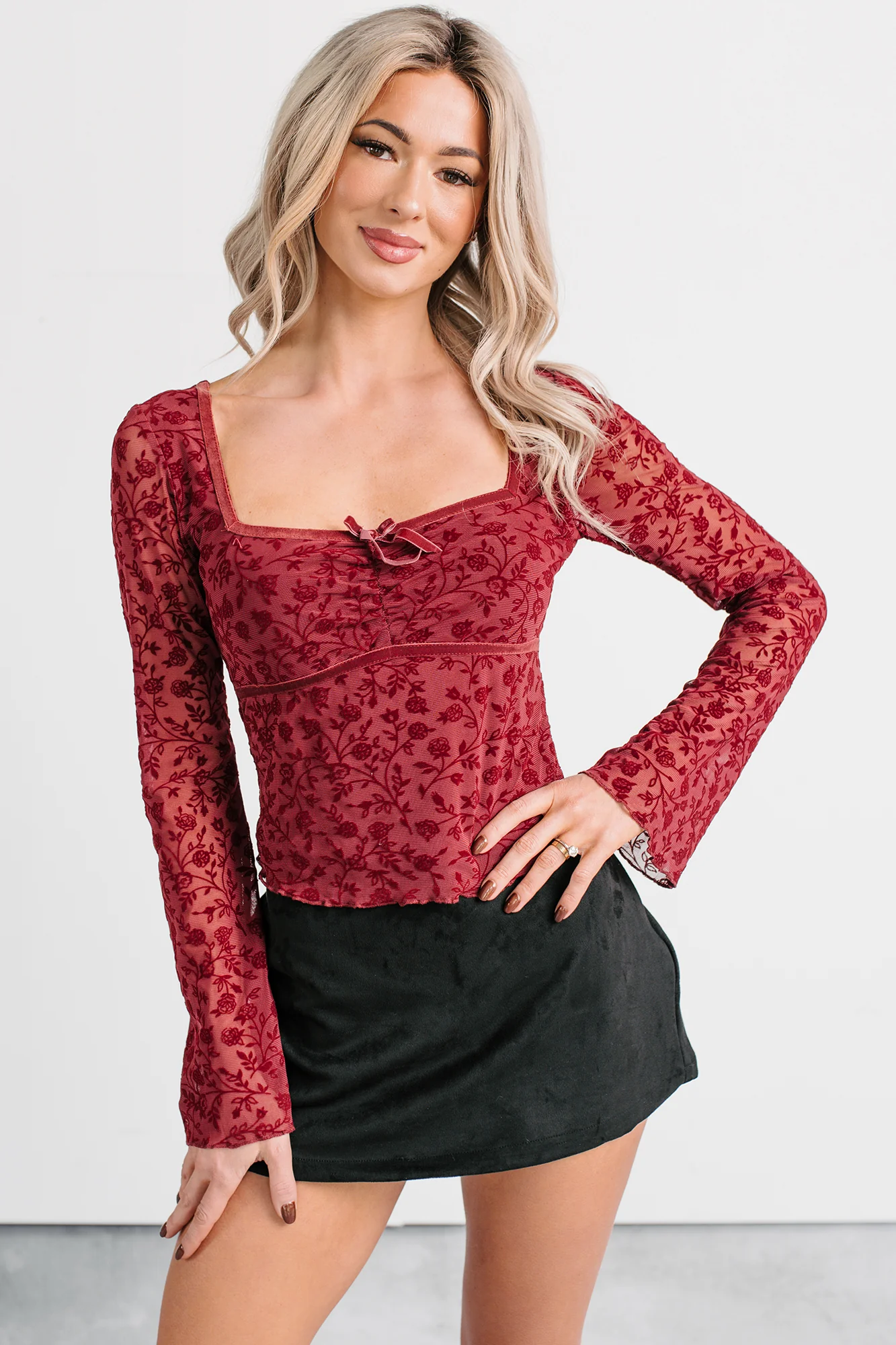 Heart’s Calling Long Sleeve Floral Top (Burgundy)