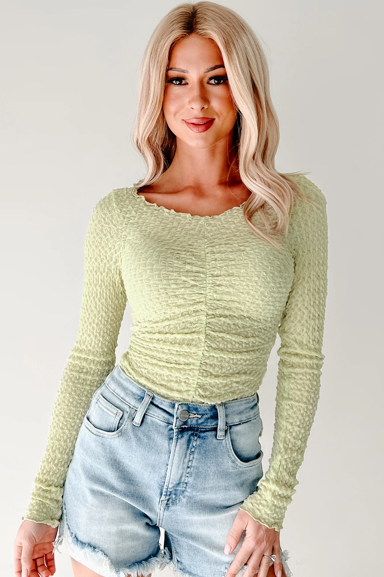 Heart Skipping Textured Long Sleeve Top (Green Tea) - Image 2