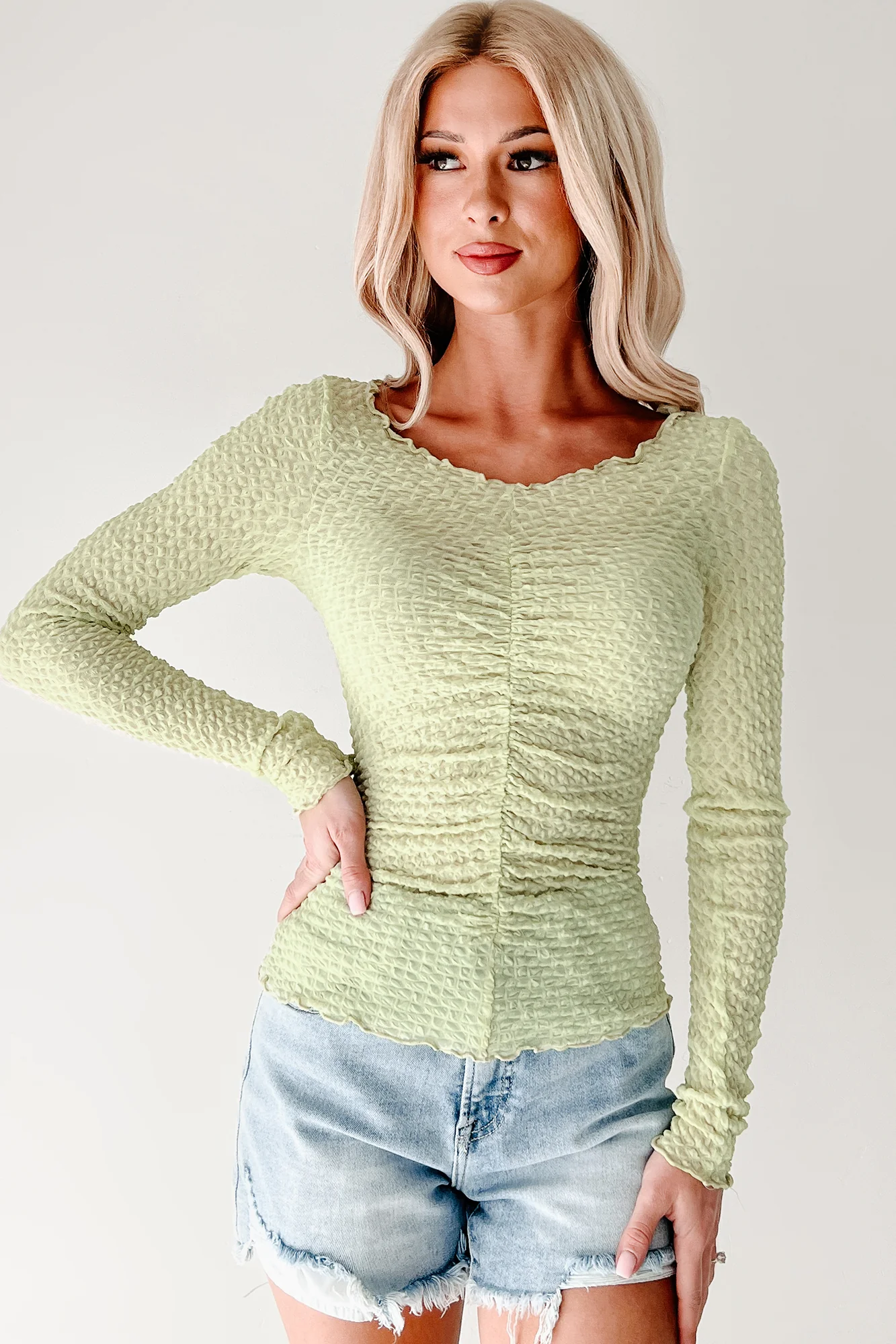 Heart Skipping Textured Long Sleeve Top (Green Tea) - Image 6