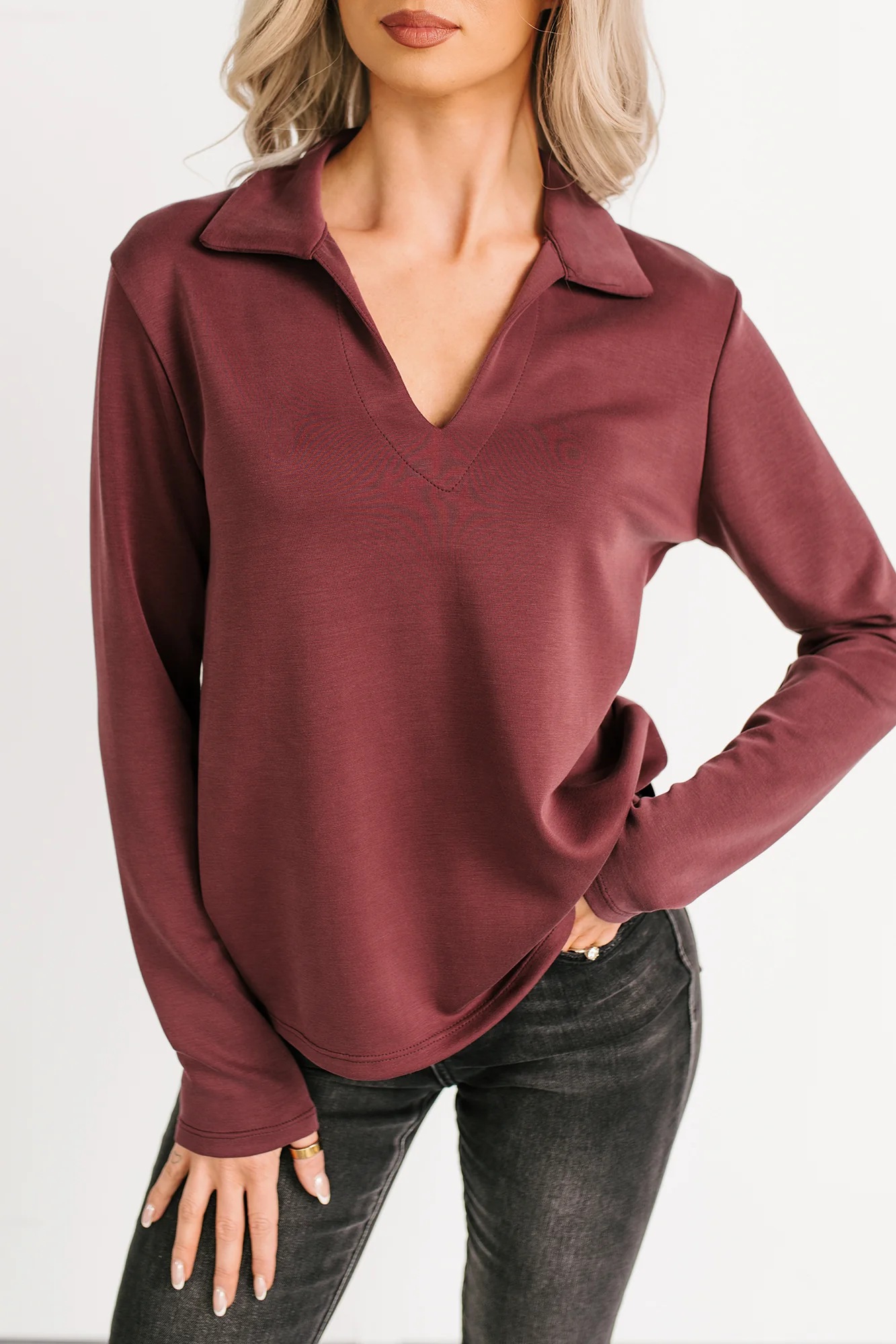 Honest Mood Collared V Neck Long Sleeve Top (Maroon) - Image 4
