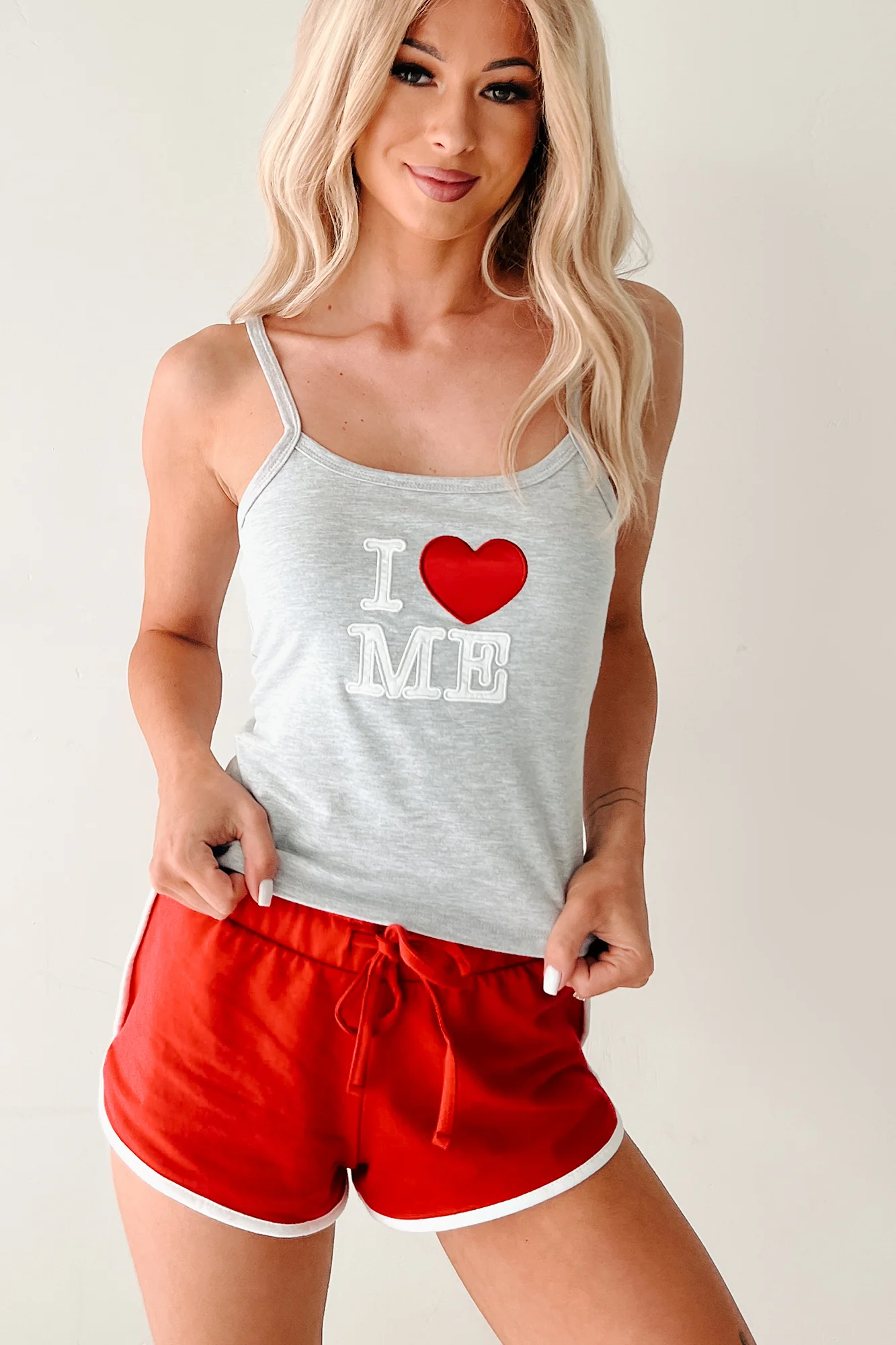 "I <3 ME" Tank Top & Shorts Set (Grey/Red) - Image 4