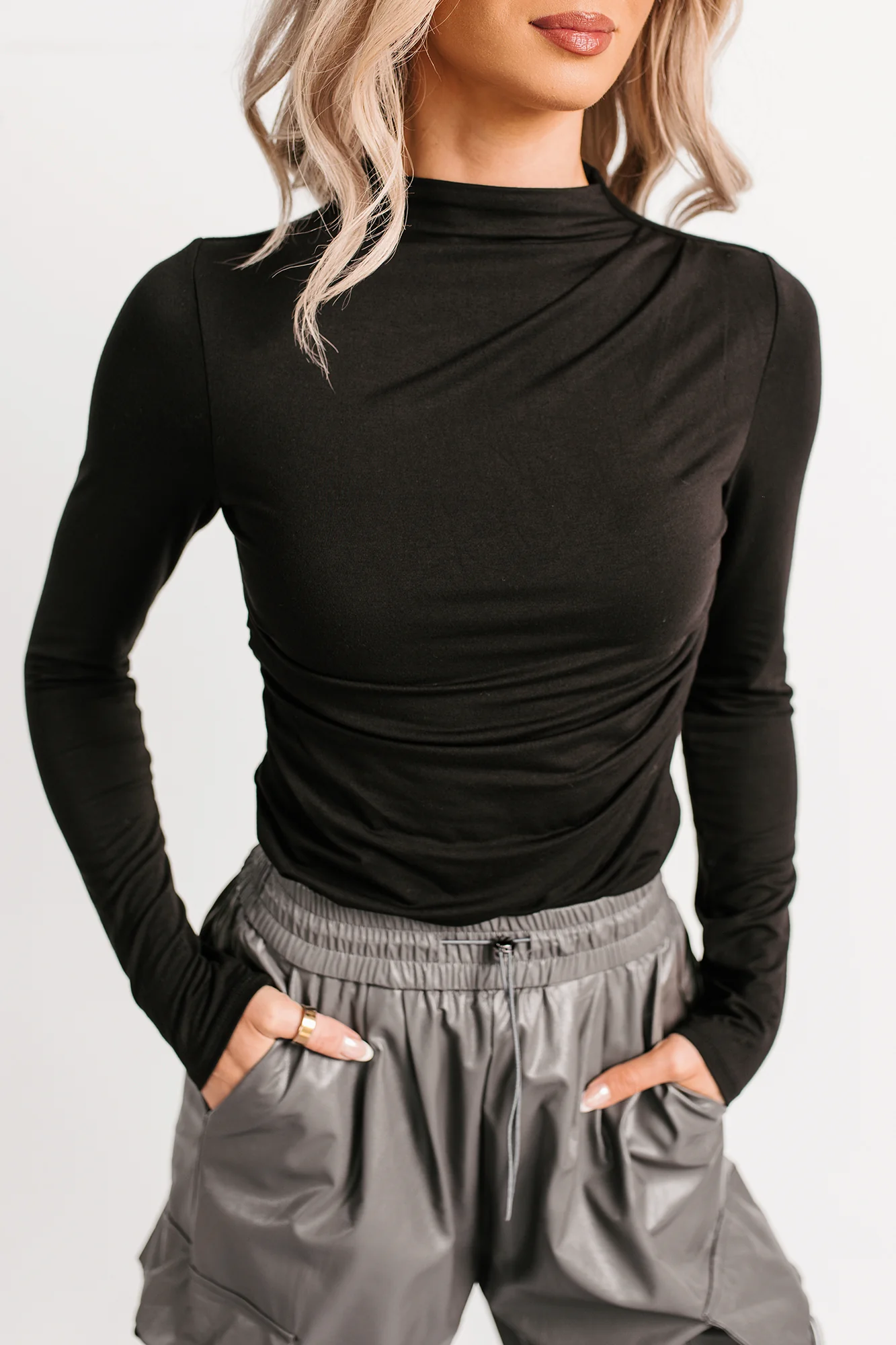 If You Knew Mock Neck Long Sleeve Top (Black) - Image 4