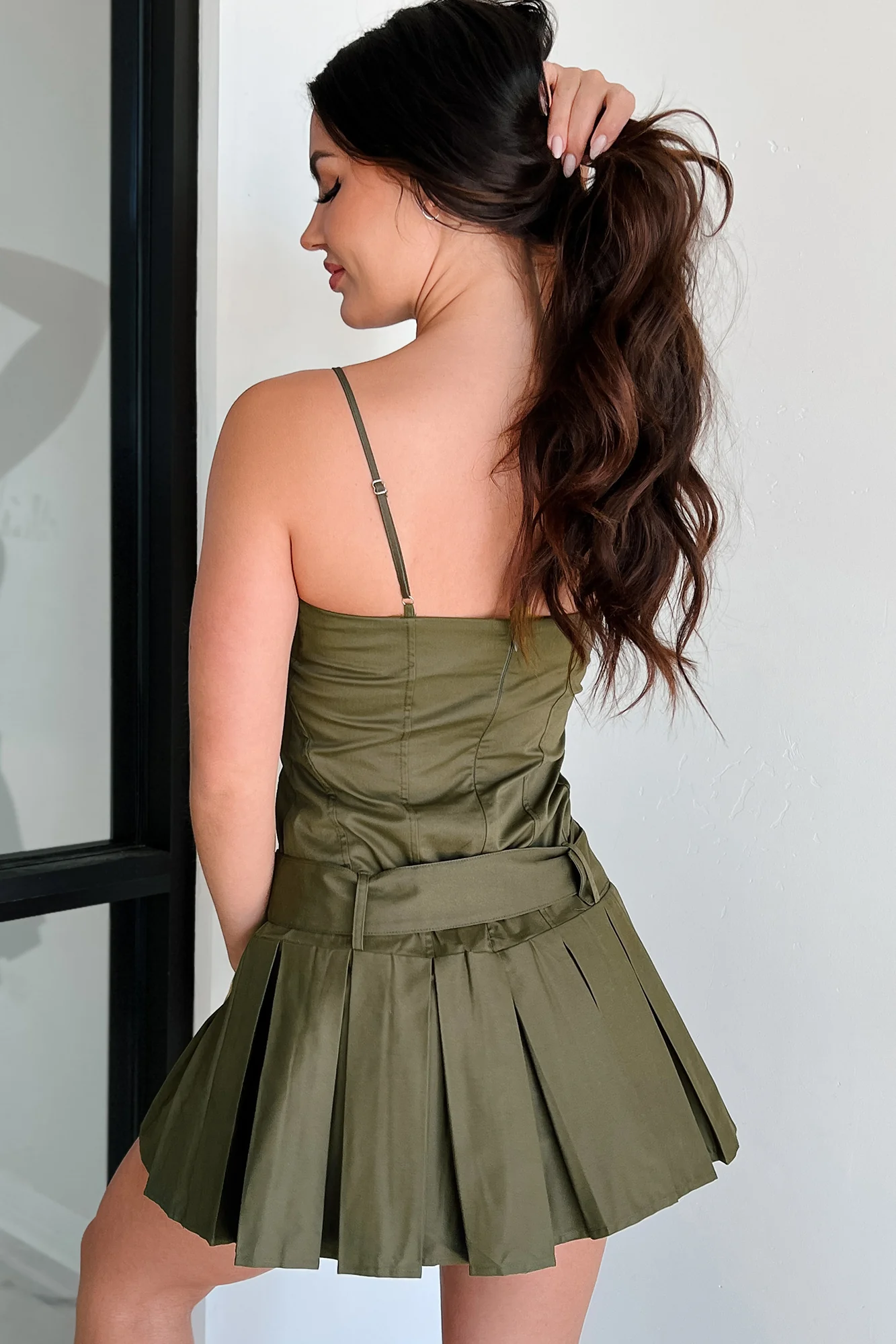 Inquisitive Nature Pleated Mini Dress (Olive) - Image 4