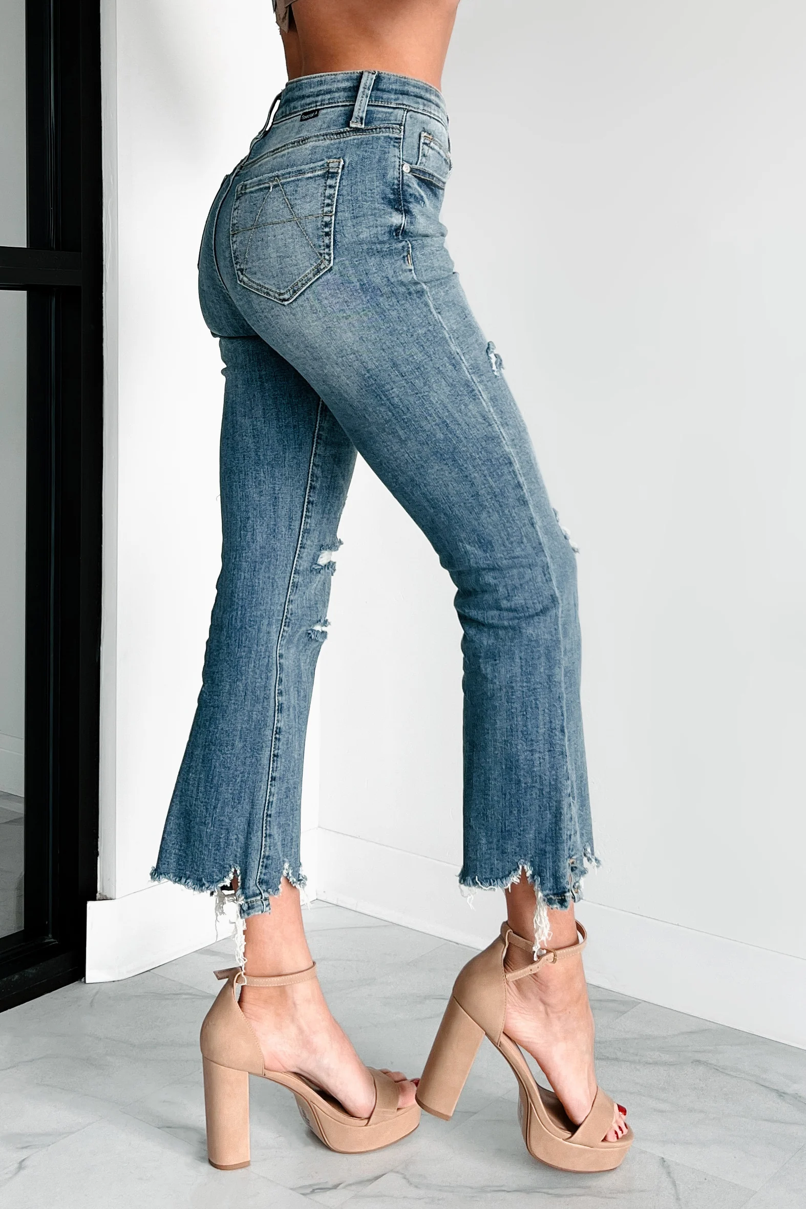 Jonah Mid Rise Distressed Special A Kick Flare Jeans (Dark) - Image 3