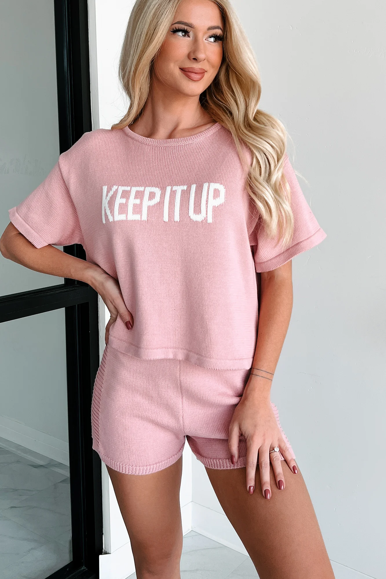 "Keep It Up" Short Sleeve Sweater Knit Top (Blush) - Image 7