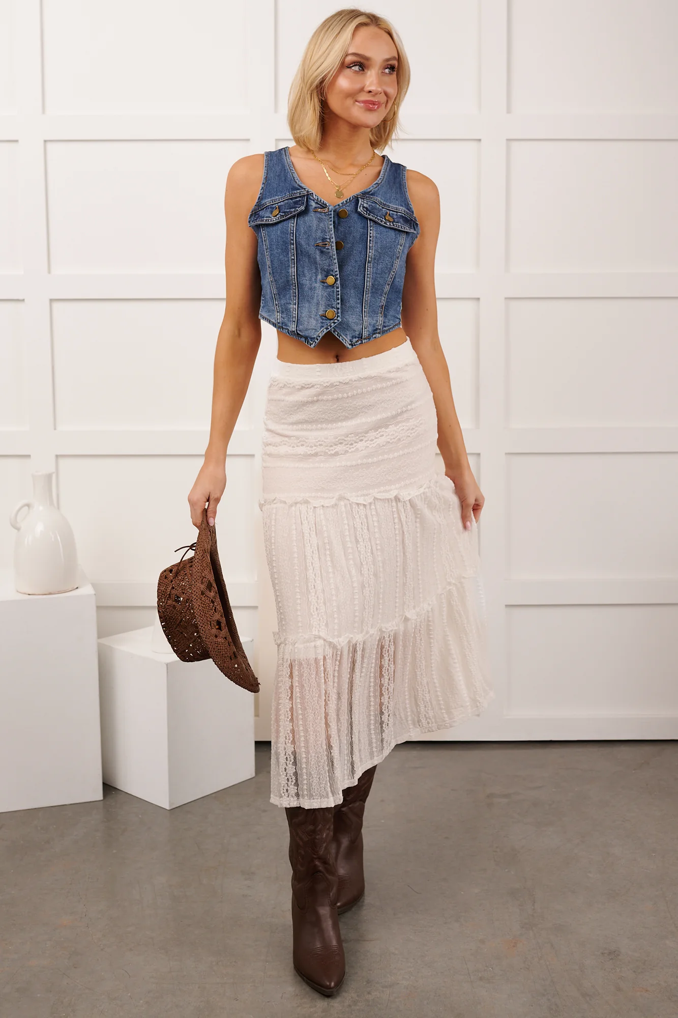 Lacy Daze Tiered Lace Midi Skirt (Off White)