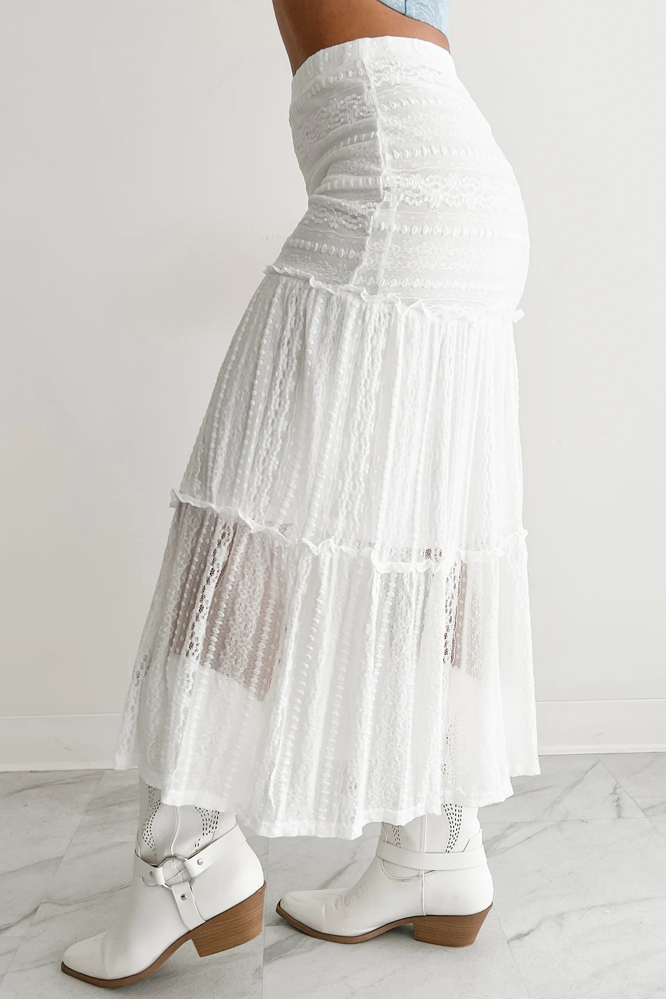 Lacy Daze Tiered Lace Midi Skirt (Off White) - Image 8