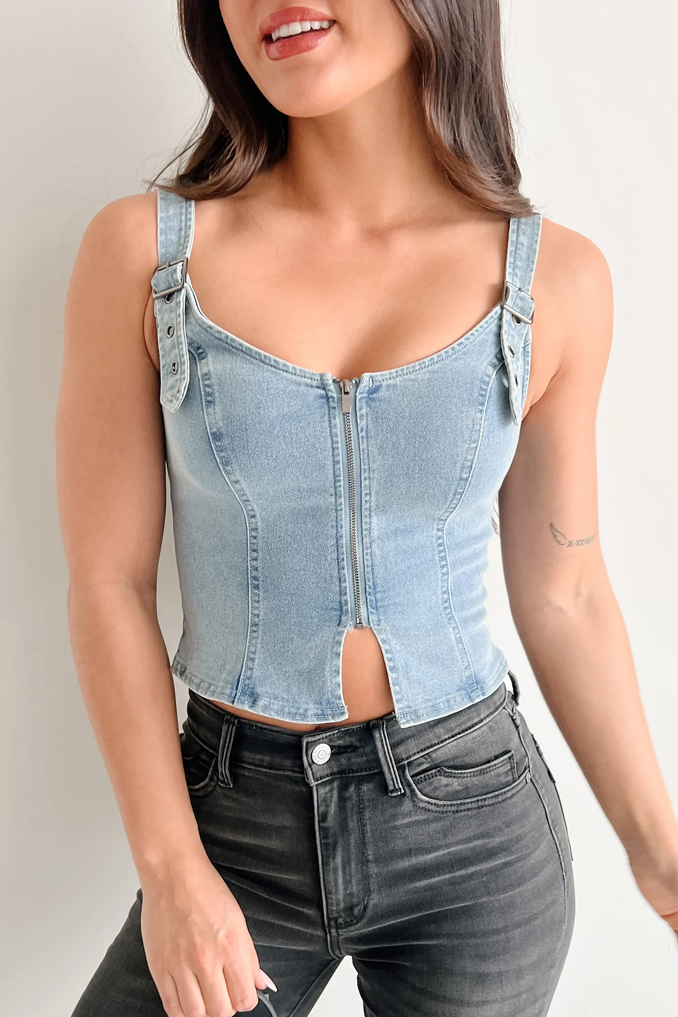 Lady's First Zip Up Denim Tank Top (Light Blue) - Image 13