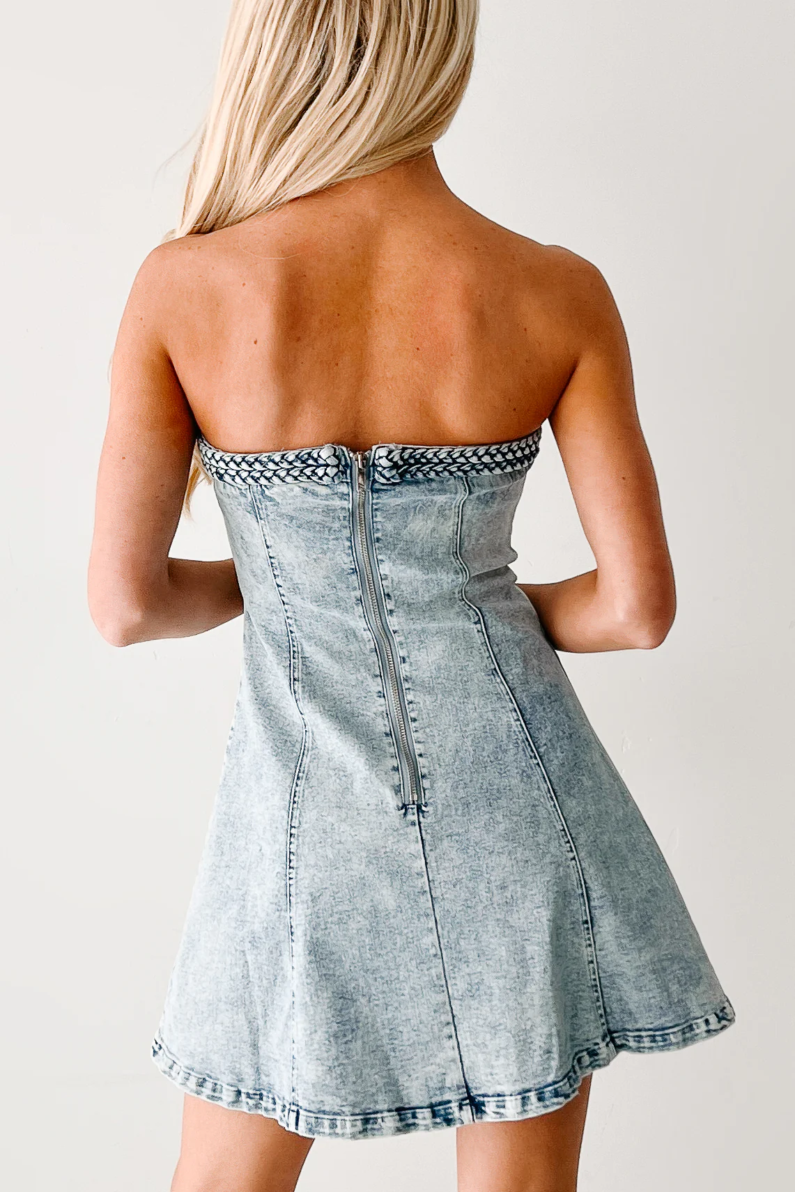 Letting It Go Strapless Denim Mini Dress (Light Denim) - Image 11