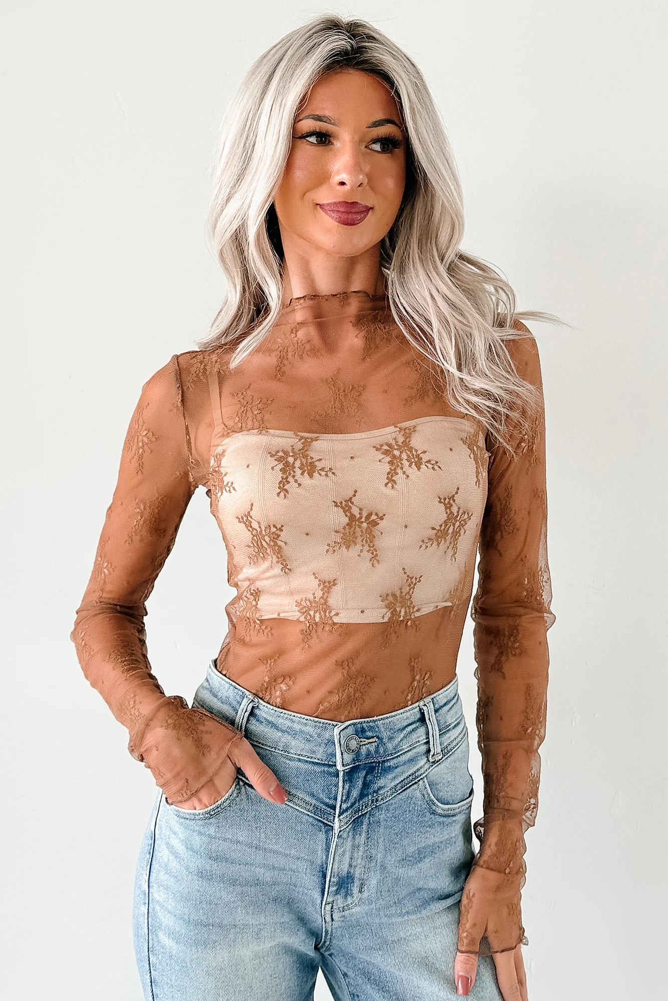 Living For The Likes Lace Long Sleeve Top (Mocha) - Image 6