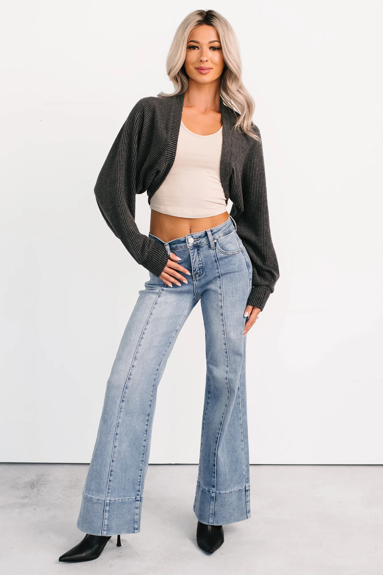 Lounge Cloud Ribbed Long Sleeve Shrug (Charcoal) - Image 5