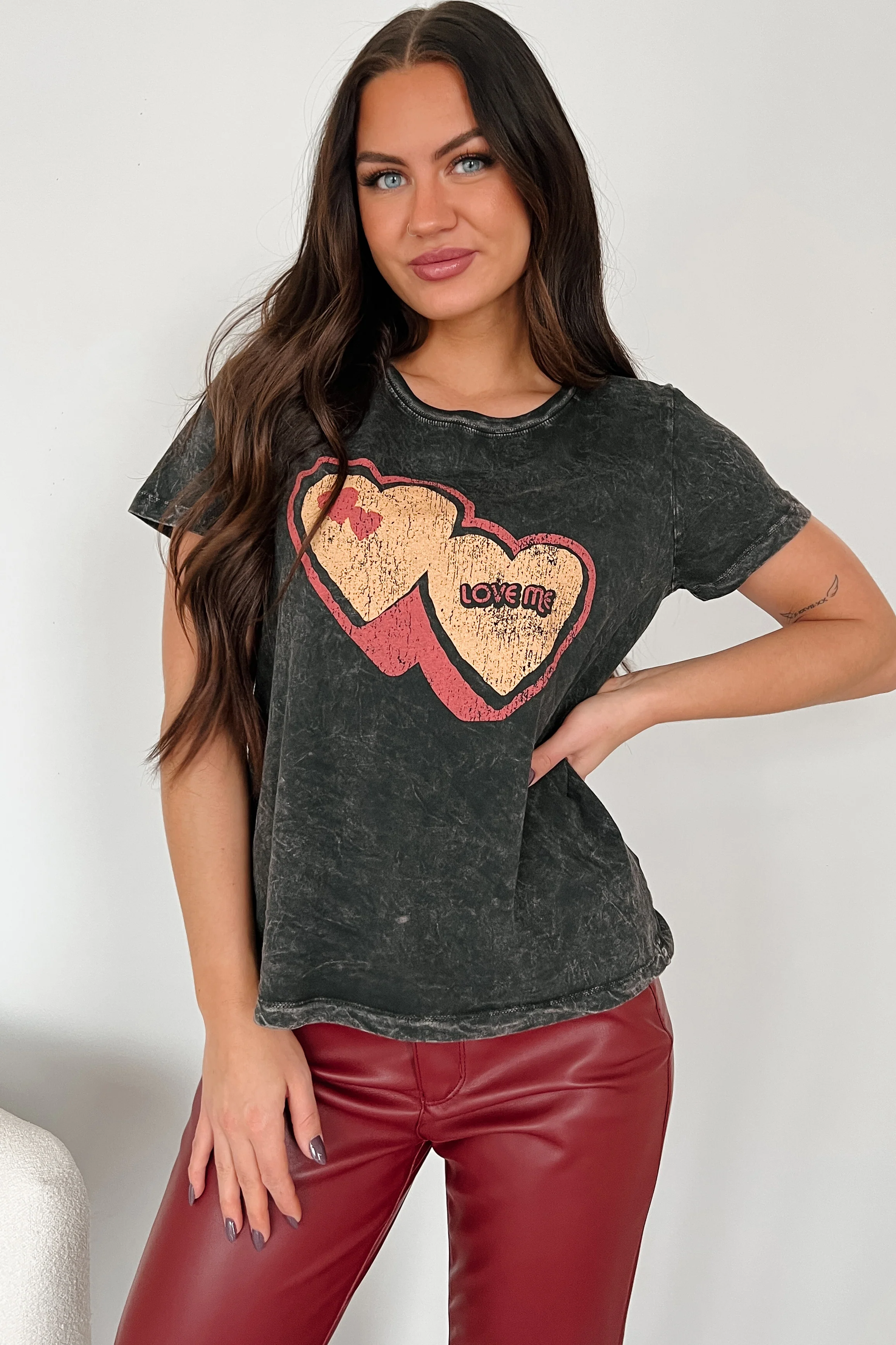 "Love Me" Mineral Wash Graphic Top (Charcoal) - Image 14