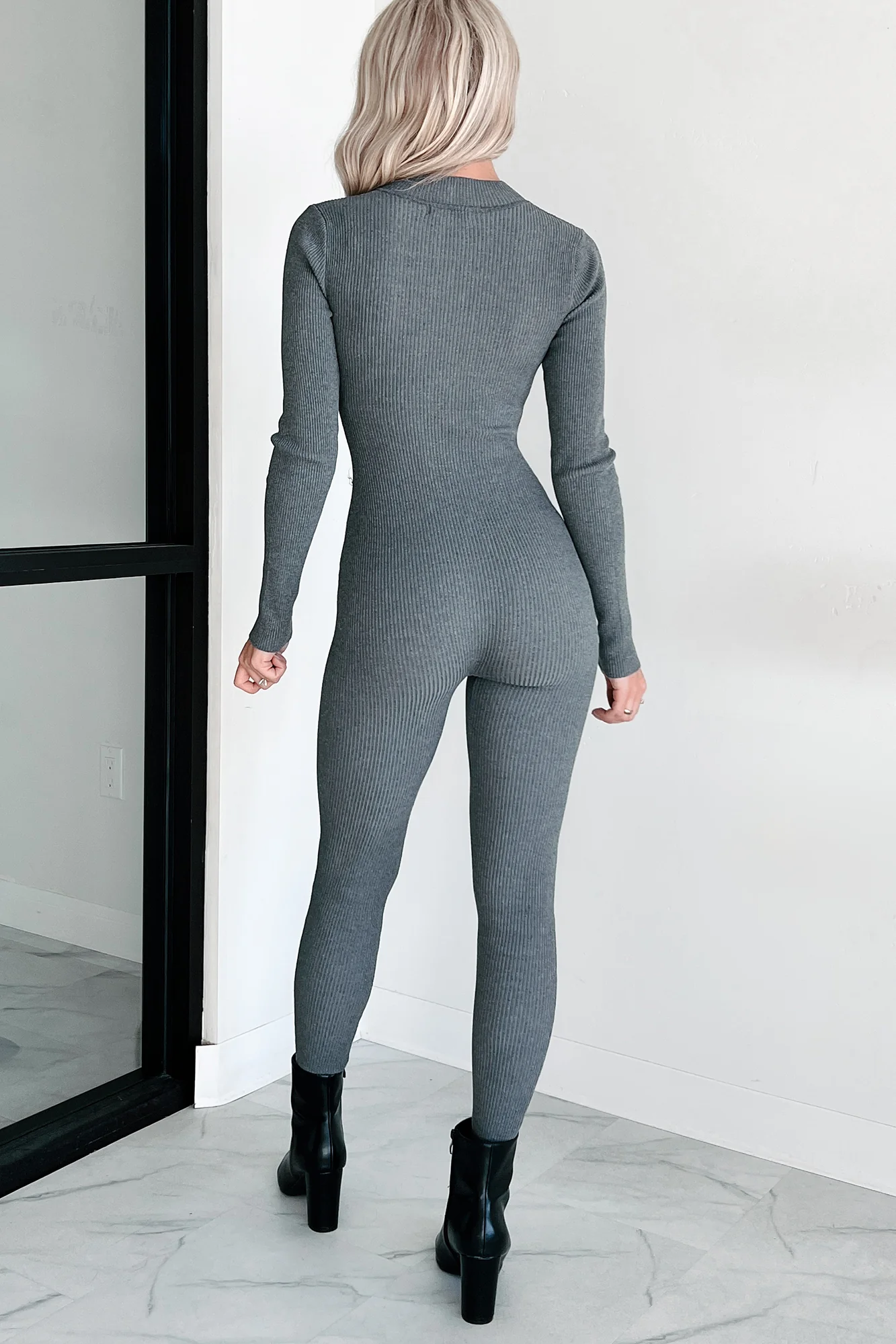 Lowkey And Loving It Zip Front Ribbed Jumpsuit (Heather Grey) - Image 5
