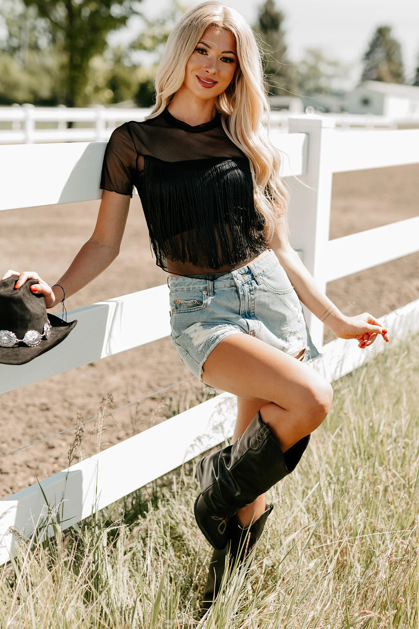 Made To Miss Fringe Mesh Short Sleeve Top (Black) - Image 4