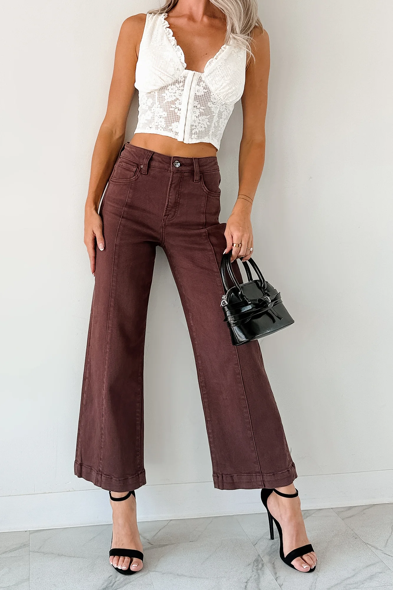 Maizie Tummy Control Wide Leg Cropped Risen Jeans (Choco Brown) - Image 9