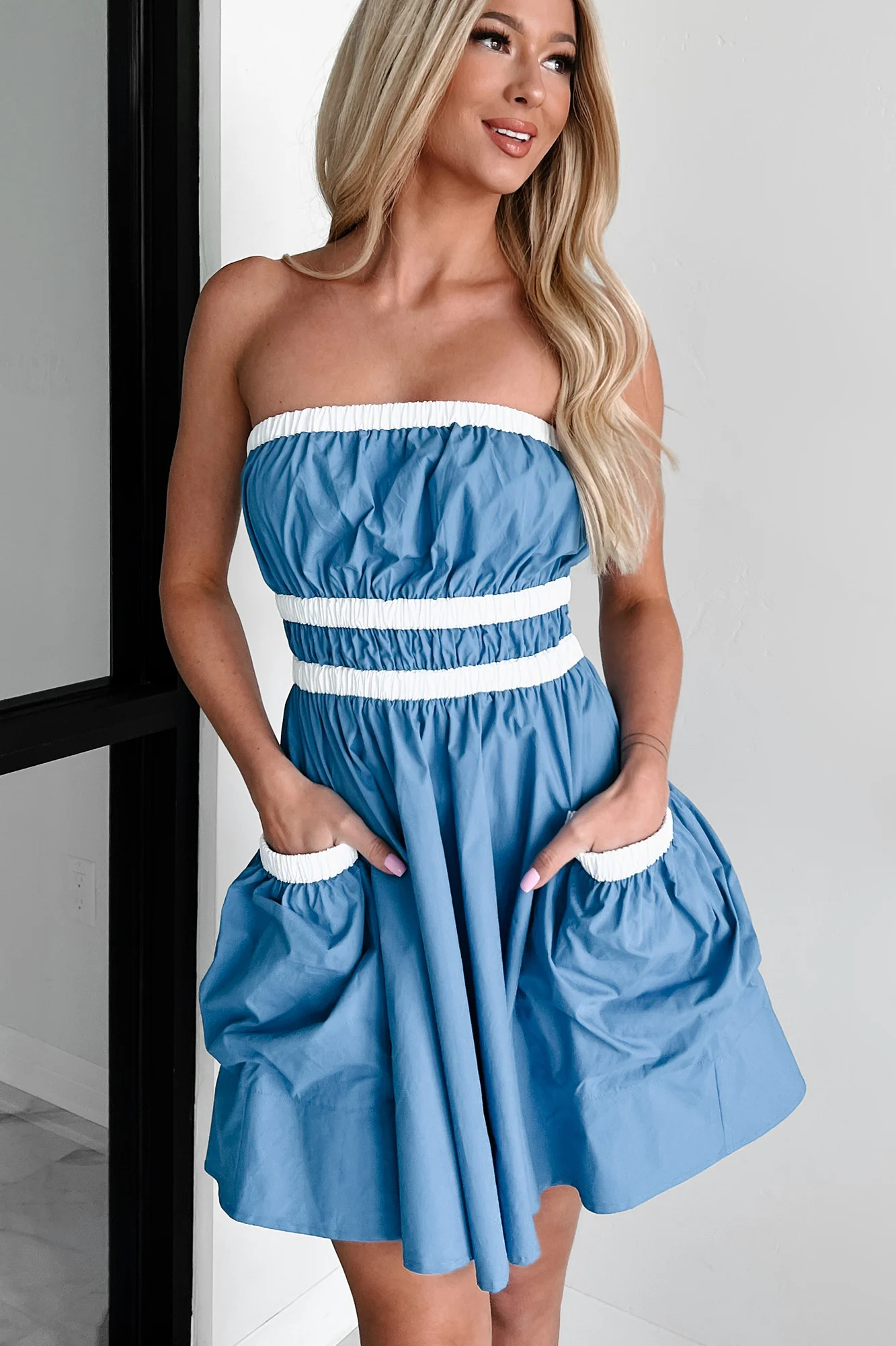 Making Life Great Strapless Mini Dress (Blue/White) - Image 3