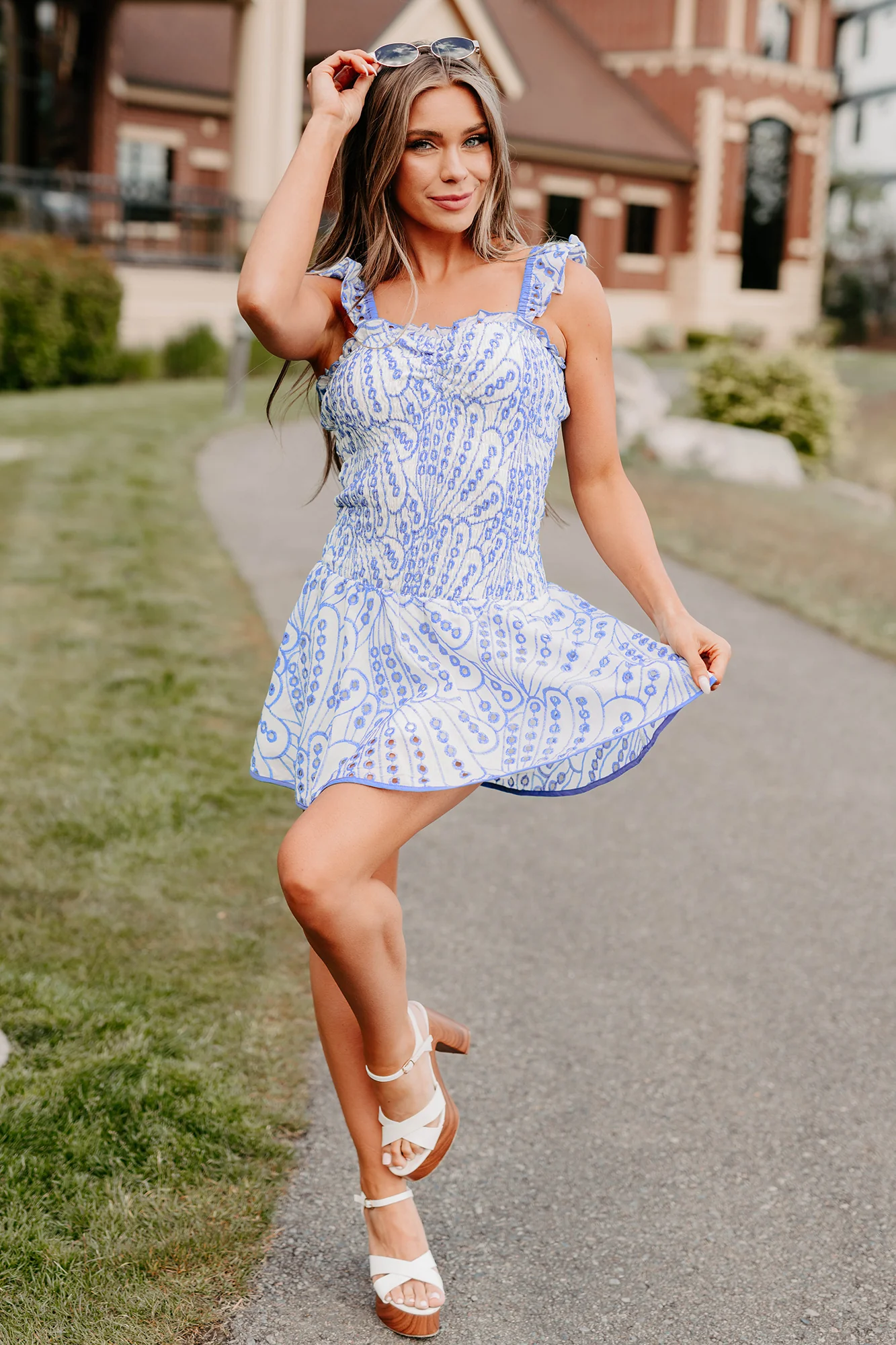 Miss Me More Smocked Eyelet Mini Dress (Blue) - Image 7
