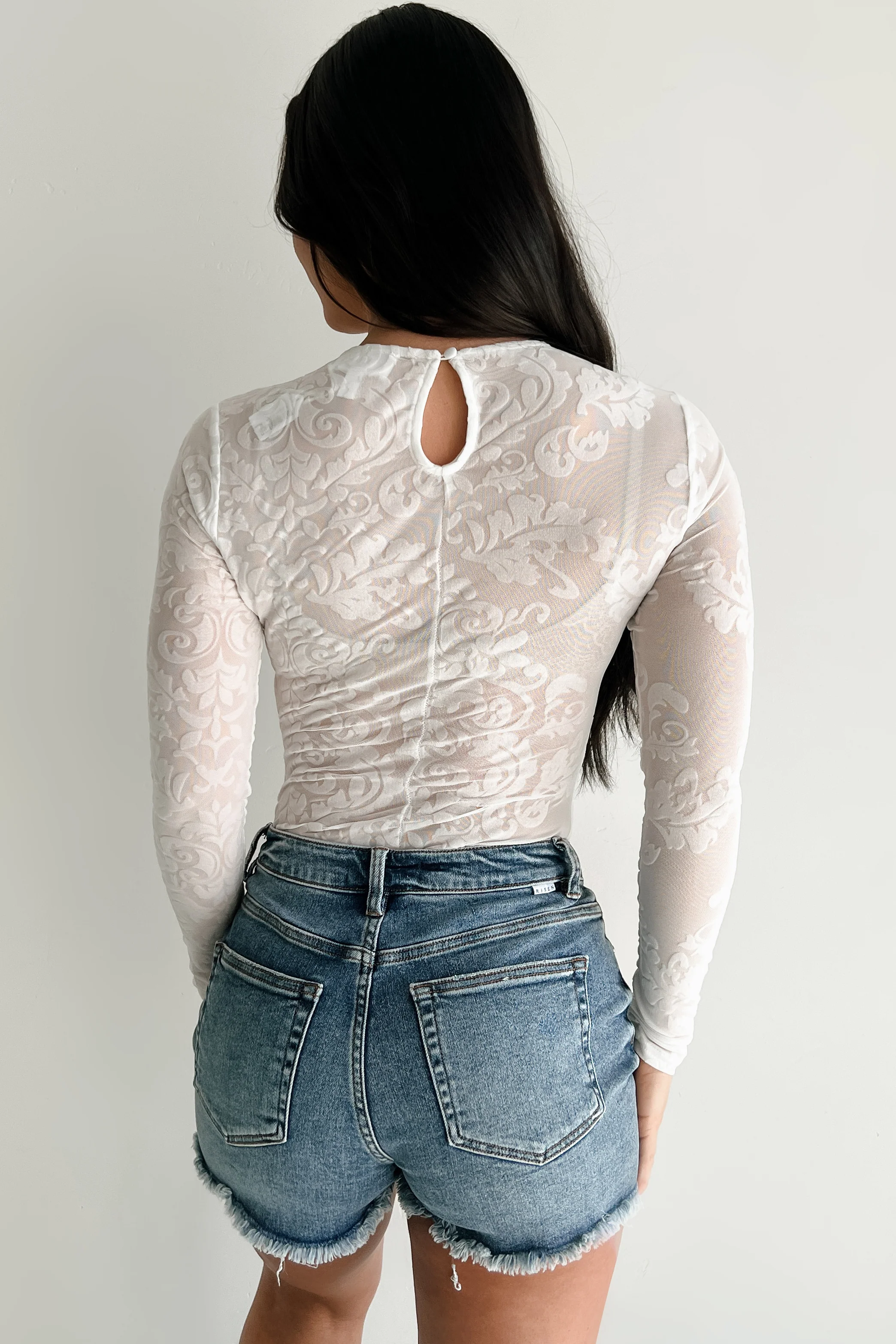 Modern Flair Long Sleeve Flocked Mesh Bodysuit (Ivory) - Image 8