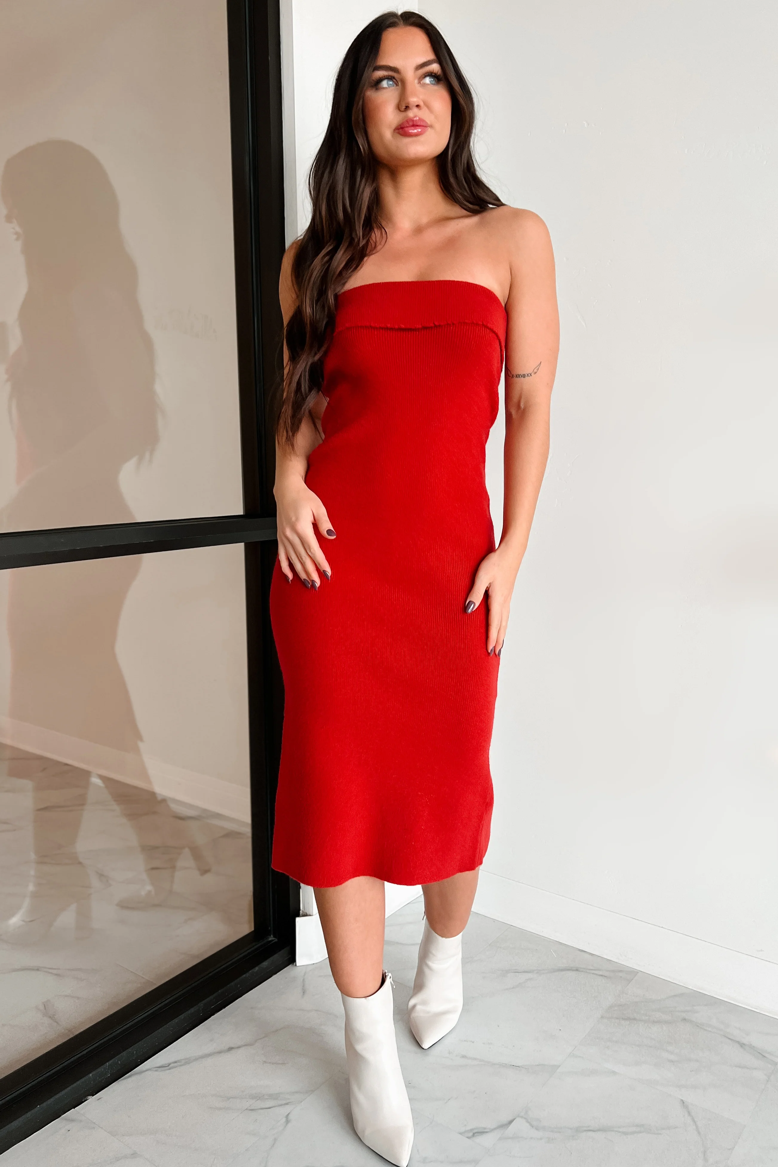 My Alter Ego Strapless Sweater Midi Dress (Red) - Image 9