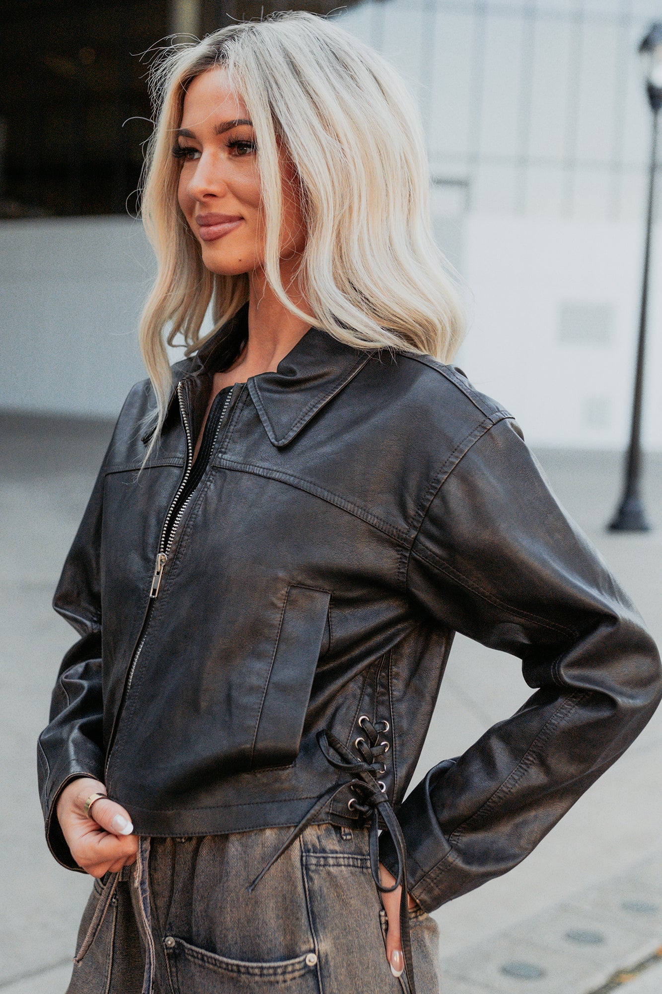 Never Tired Faux Leather Lace Side Jacket (Dark Coffee) - Image 3