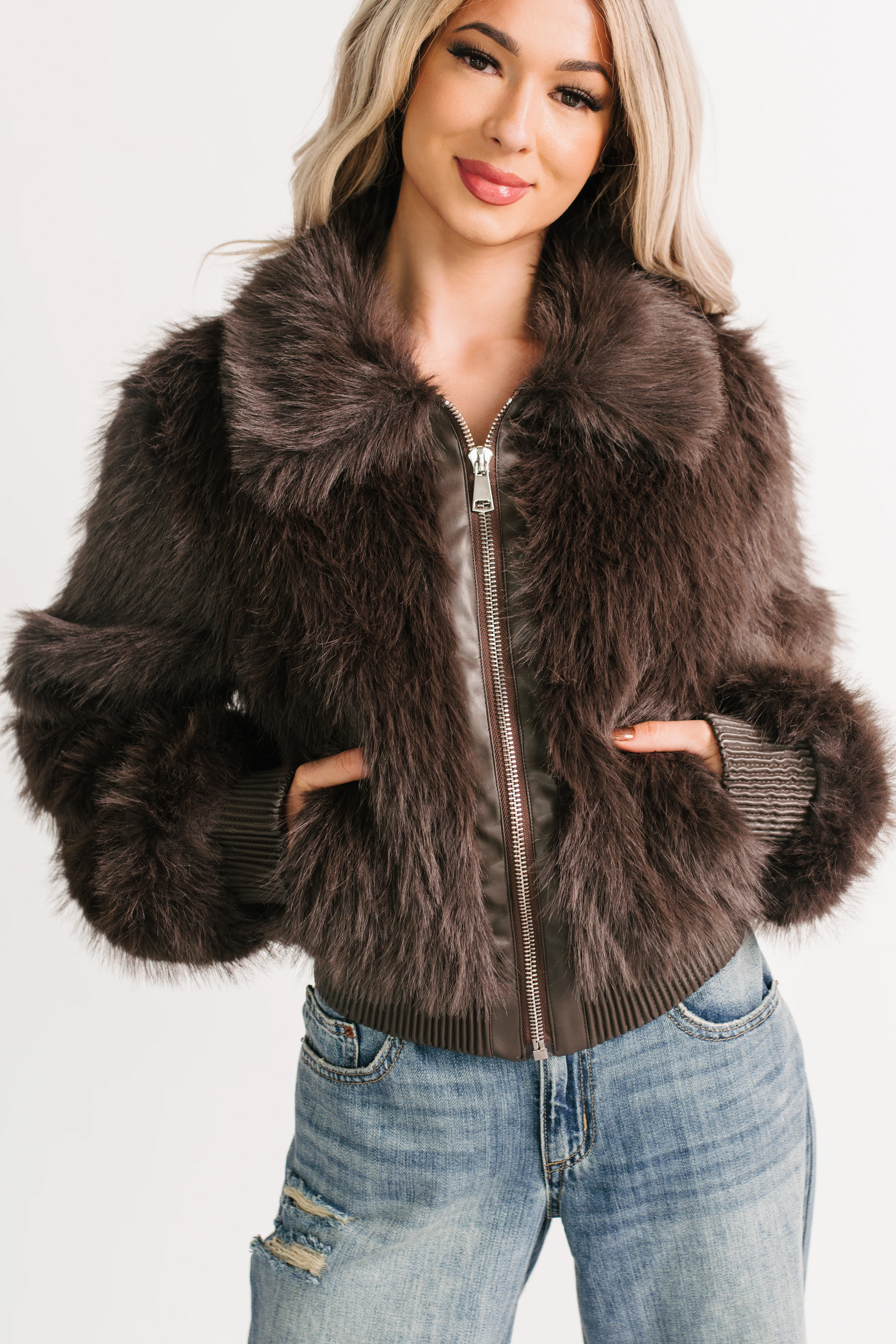 No Comparisons Faux Fur Plush Zip-Up Jacket (Brown) - Image 3