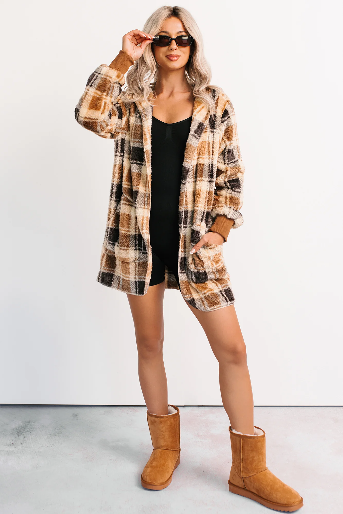 No Off Days Plaid Print Fur Hoodie Cardigan (Camel Mix)