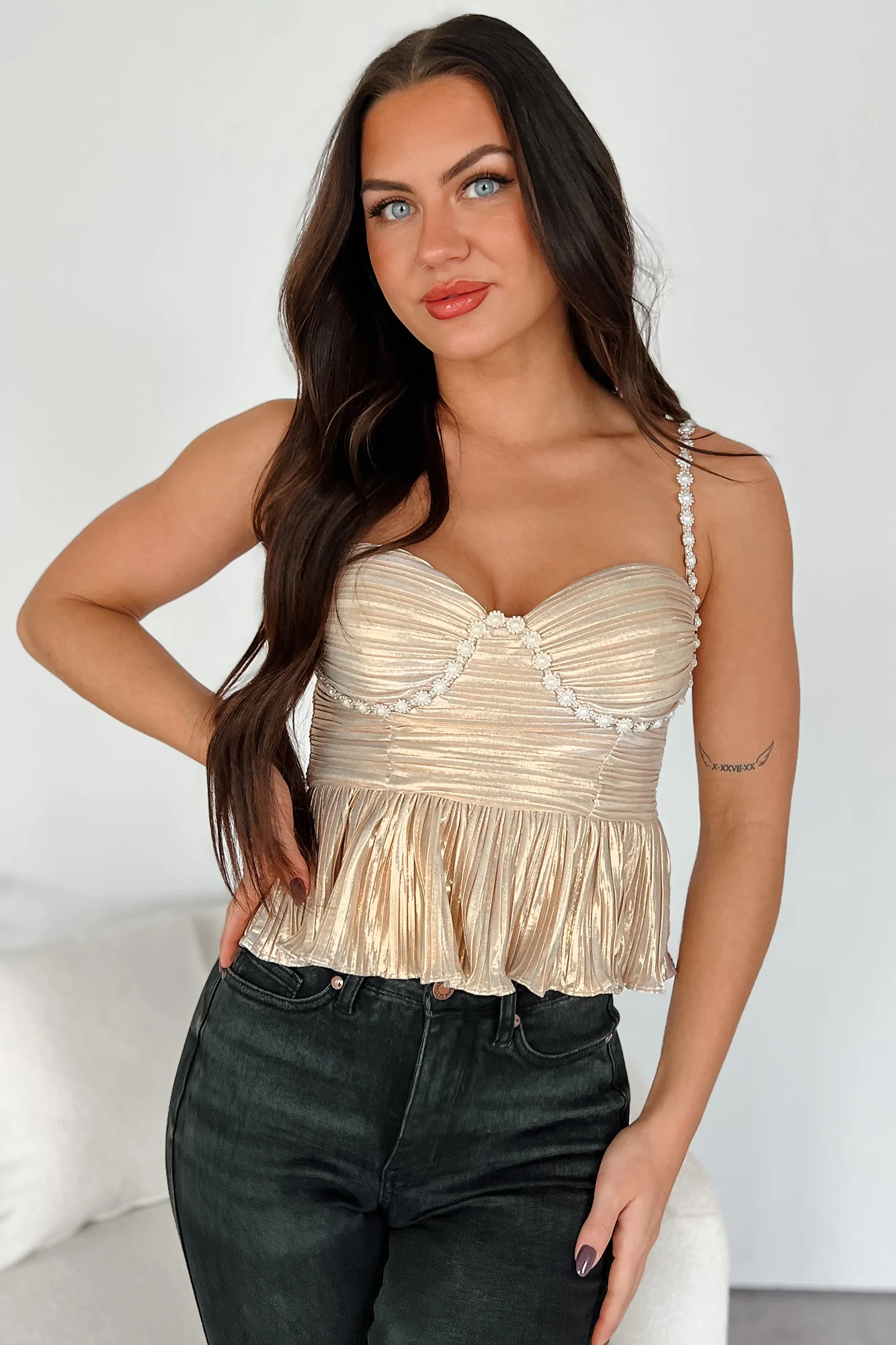 Obsessively Extra Pleated Metallic Tank Top (Champagne) - Image 3