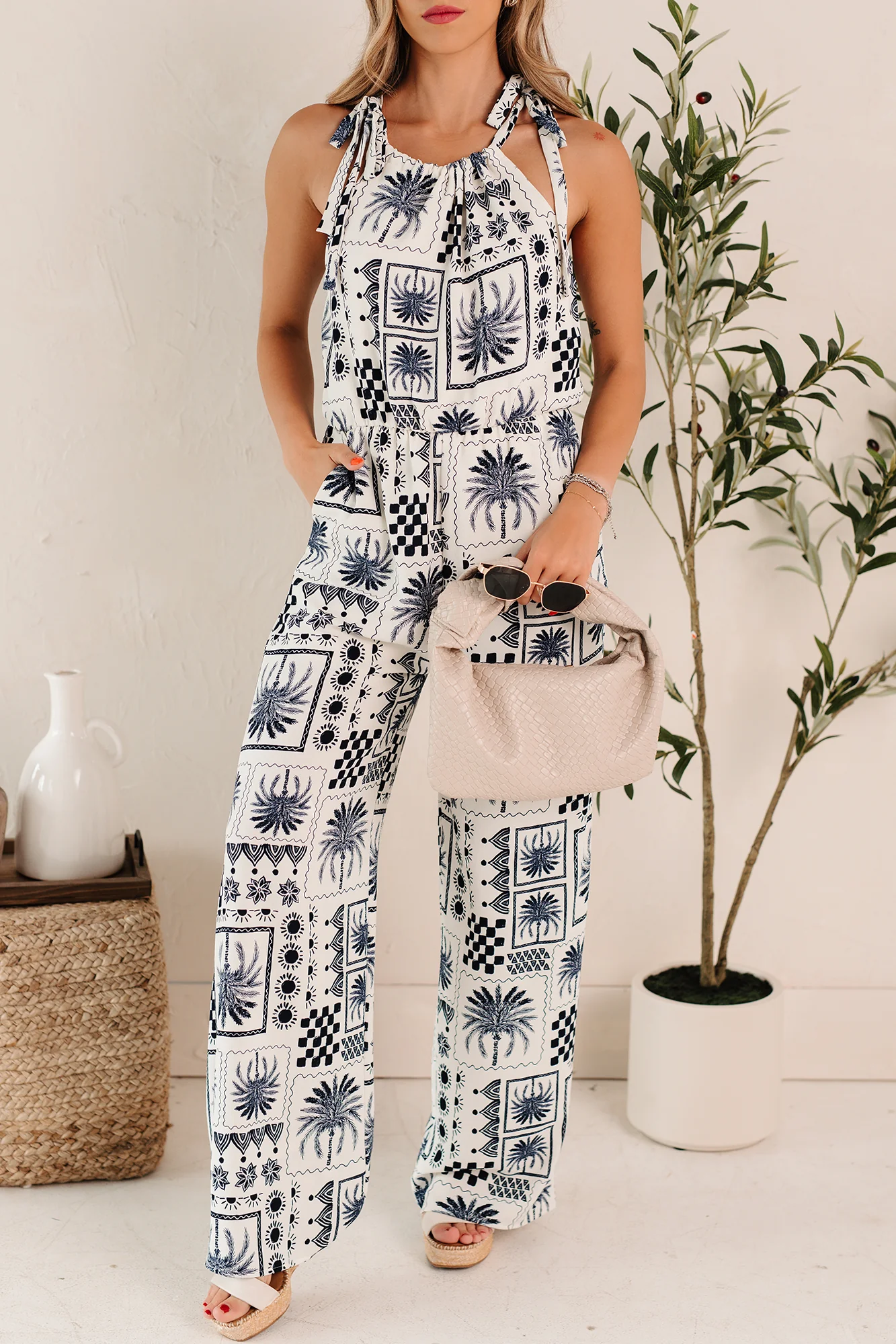 Ocean Calls Halter Abstract Print Jumpsuit (Ivory/Navy) - Image 9