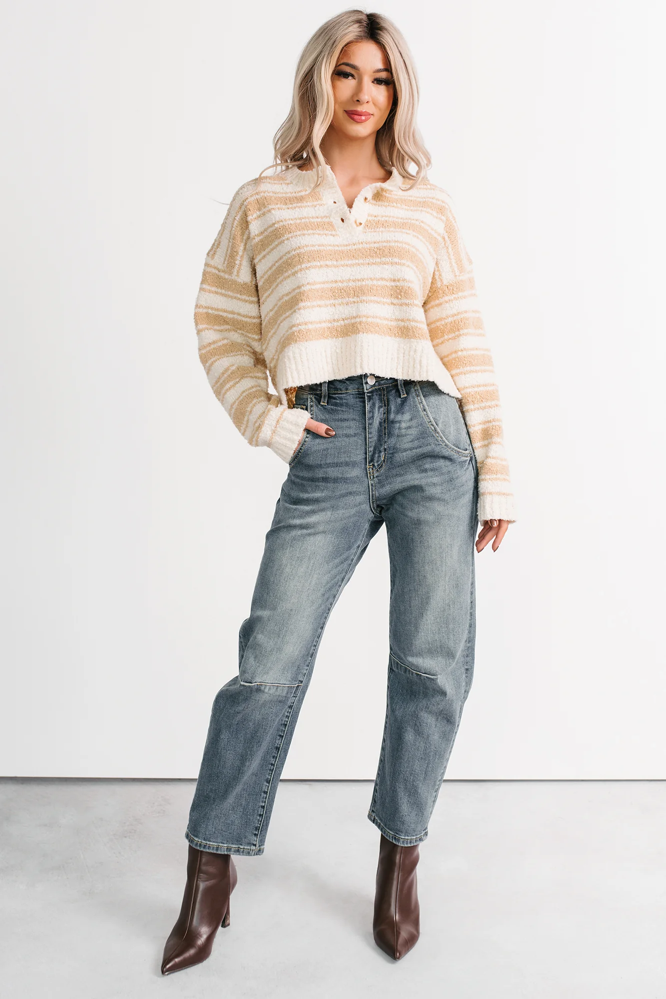 Off The Clock Stripe Knit Sweater (Taupe/Off-White) - Image 6