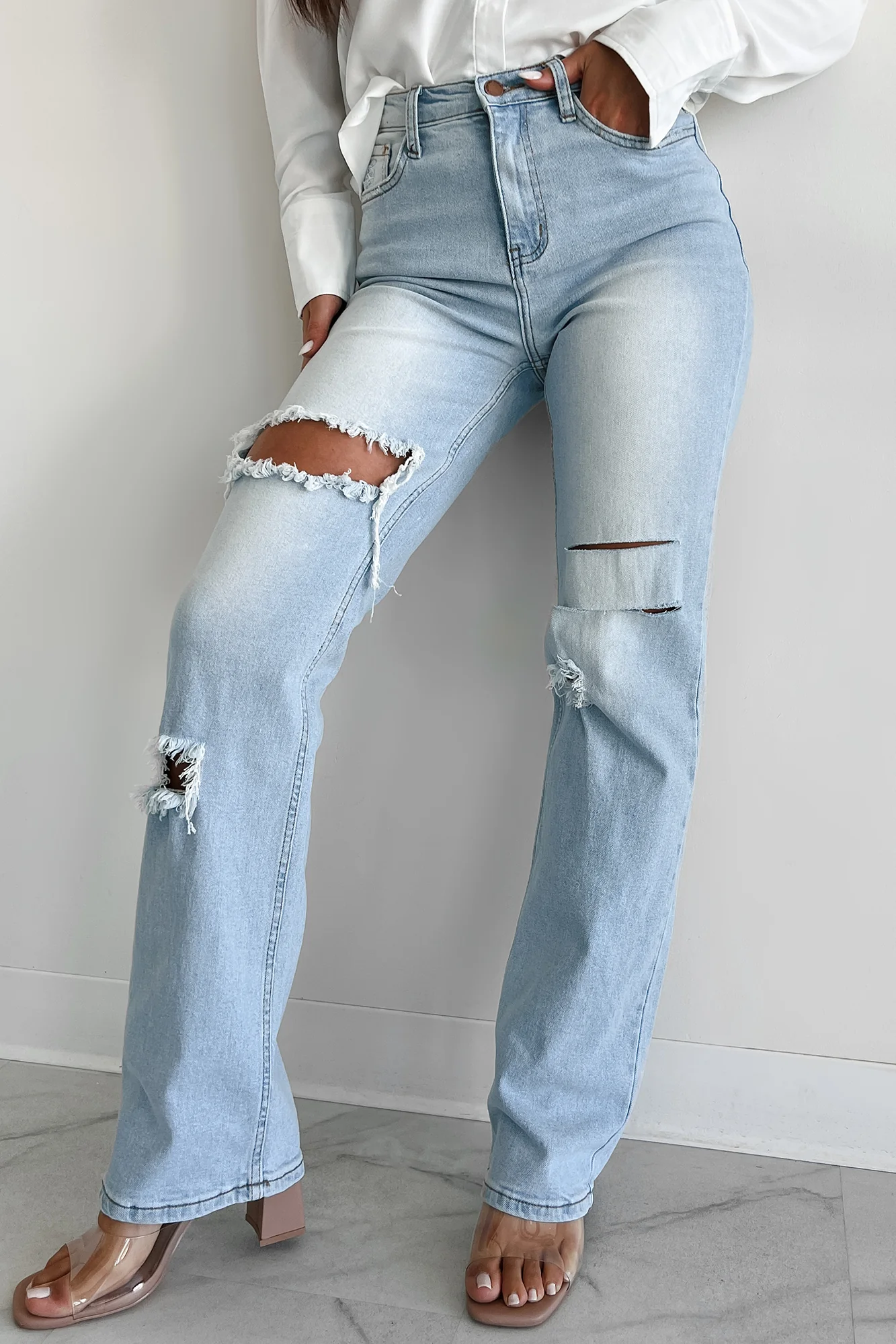 Only Good Days High Rise Distressed Wide Leg Jeans (Light) - Image 5