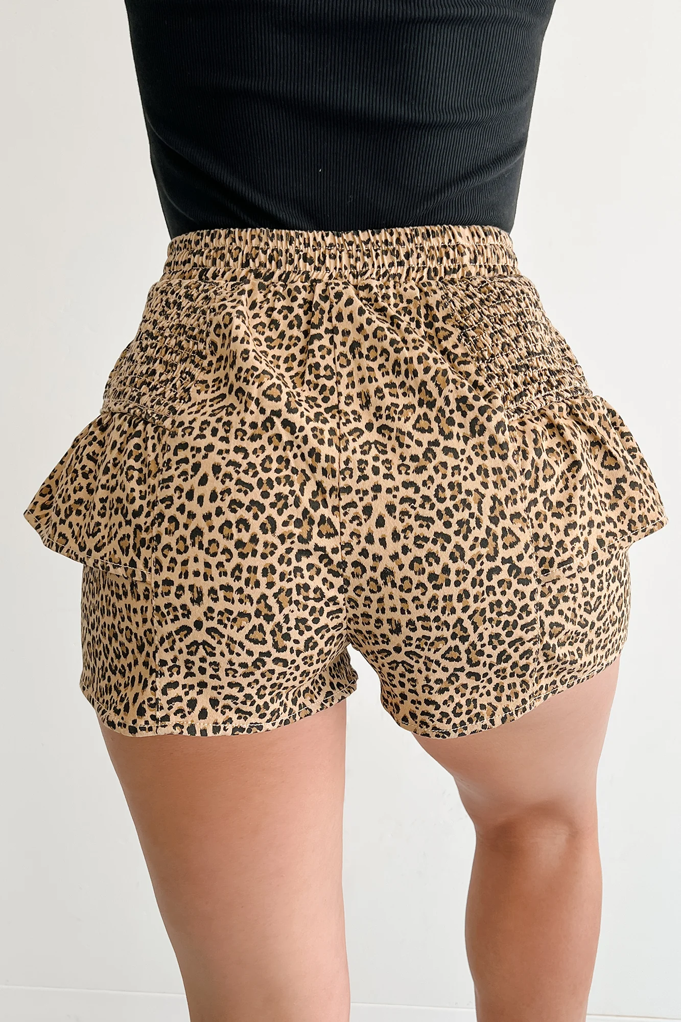 Partying Hard Smocked Leopard Shorts (Taupe/Black) - Image 4