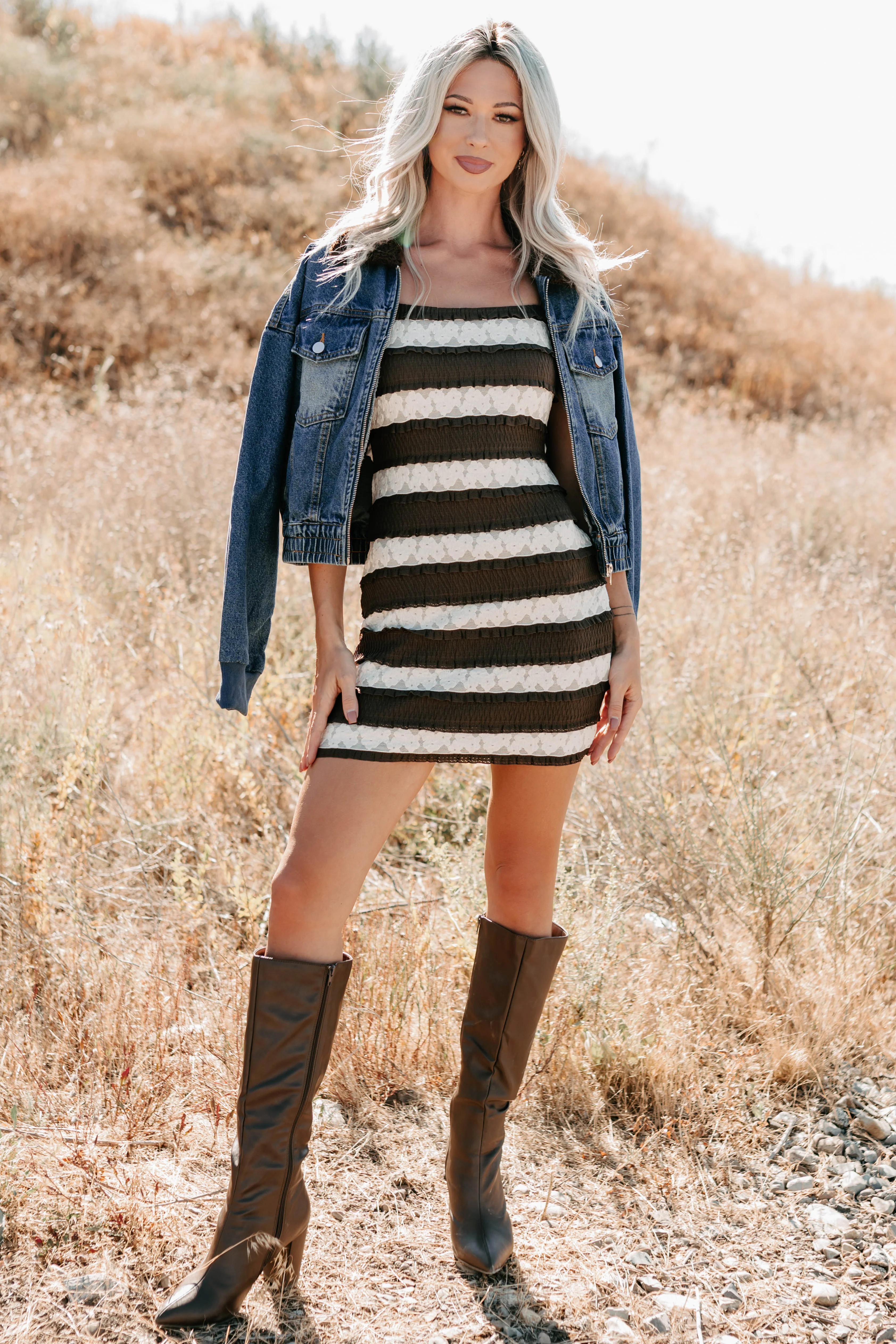 Later Babes Striped Lace Mini Dress (Brown) - Image 5