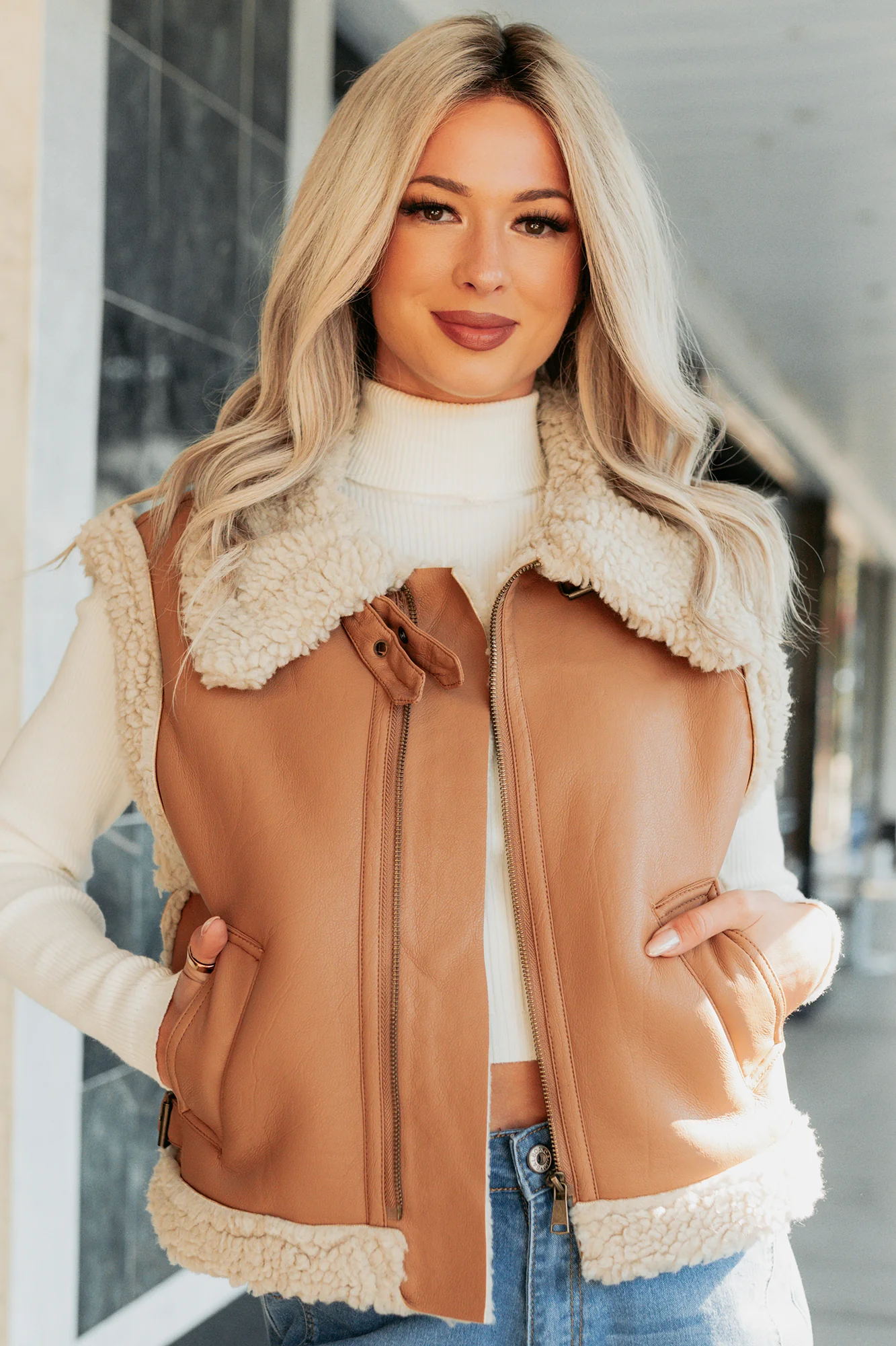 Pure Chill Sherpa Trim Faux Leather Vest (Camel) - Image 3