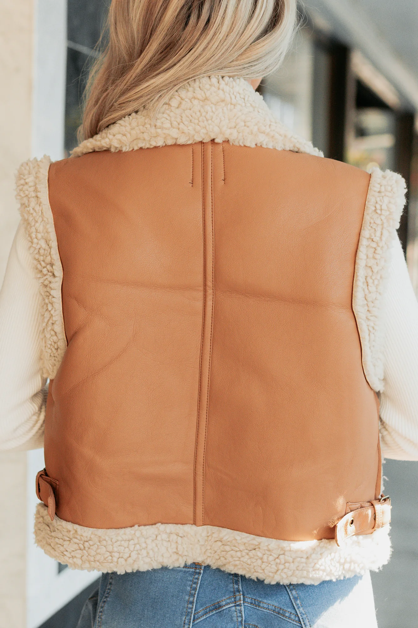 Pure Chill Sherpa Trim Faux Leather Vest (Camel) - Image 5