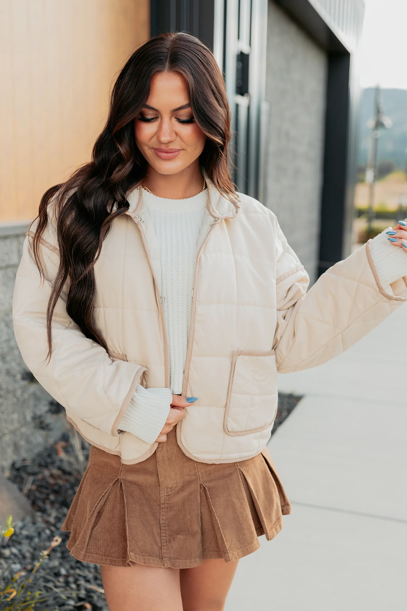 Pure Desire Contrast Trim Quilted Puffer Jacket (Beige) - Image 3