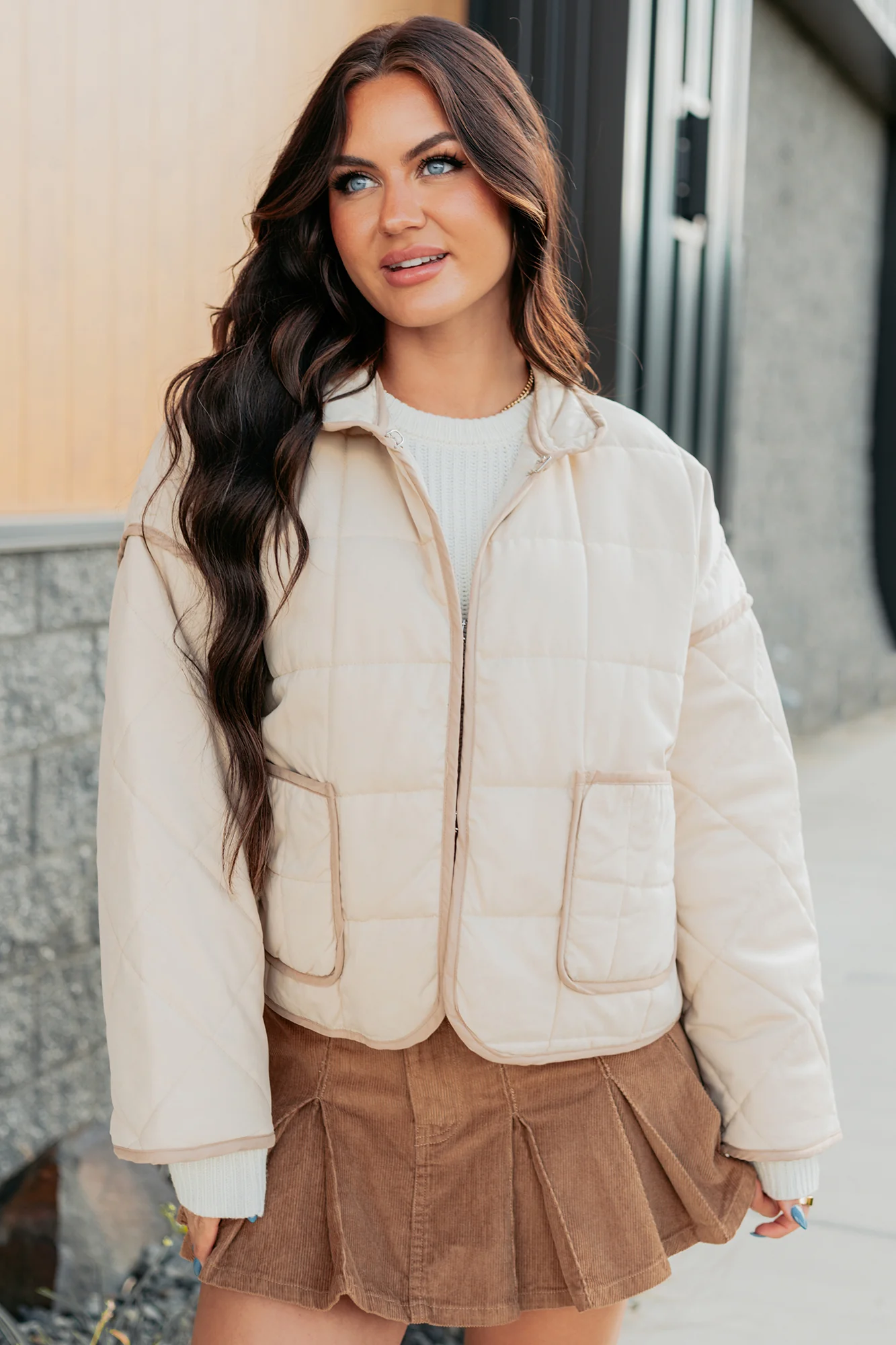 Pure Desire Contrast Trim Quilted Puffer Jacket (Beige) - Image 5