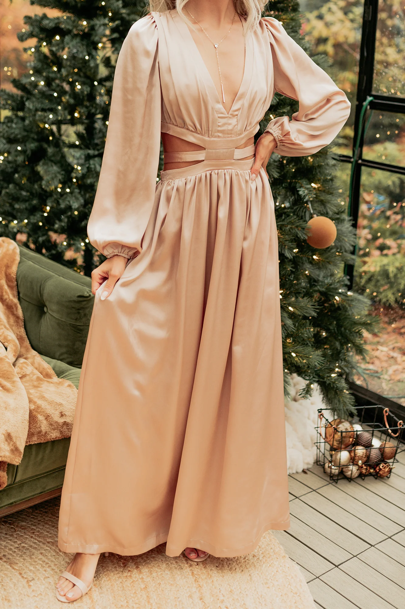 Pure Glamour Long Sleeve Satin Maxi Dress (Gold) - Image 3