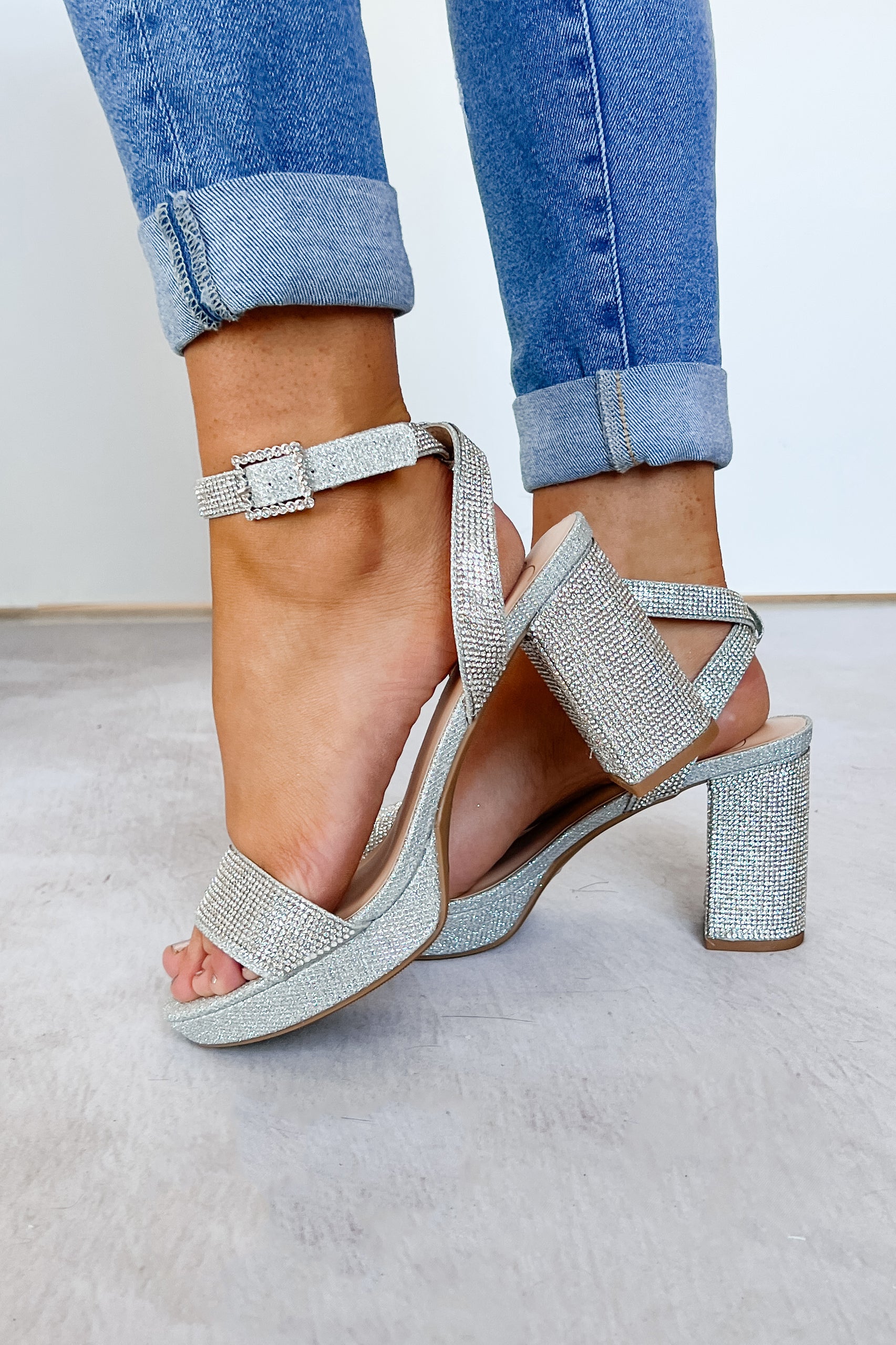 Puttin' On The Rizz Rhinestone Platform Block Heels (Silver) - Image 2