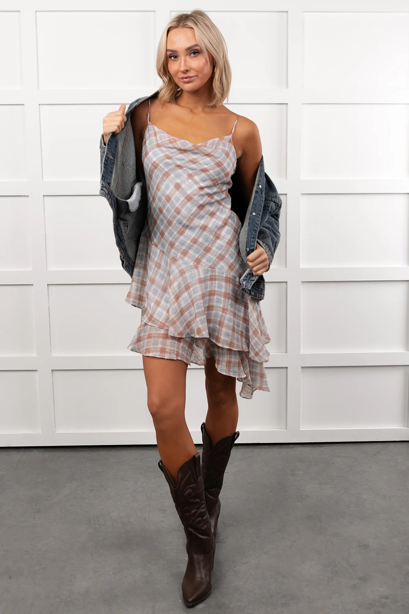 Queening Out Plaid Asymmetrical Mini Dress (Taupe/Grey) - Image 10