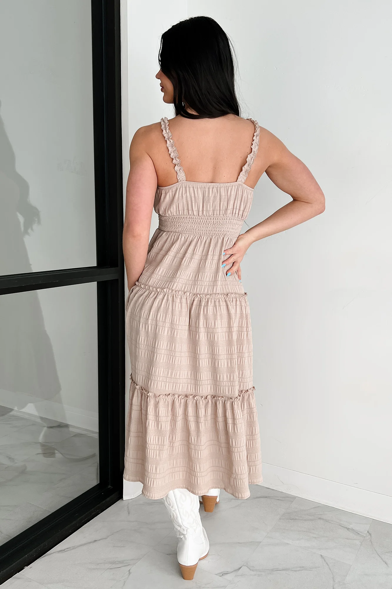 Quiet Elegance Ruffle Tiered Midi Dress (Almond) - Image 3