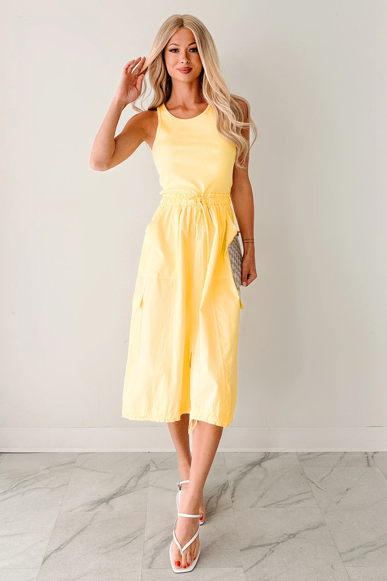 Quietly Extra Sleeveless Cargo Midi Dress (Yellow) - Image 3