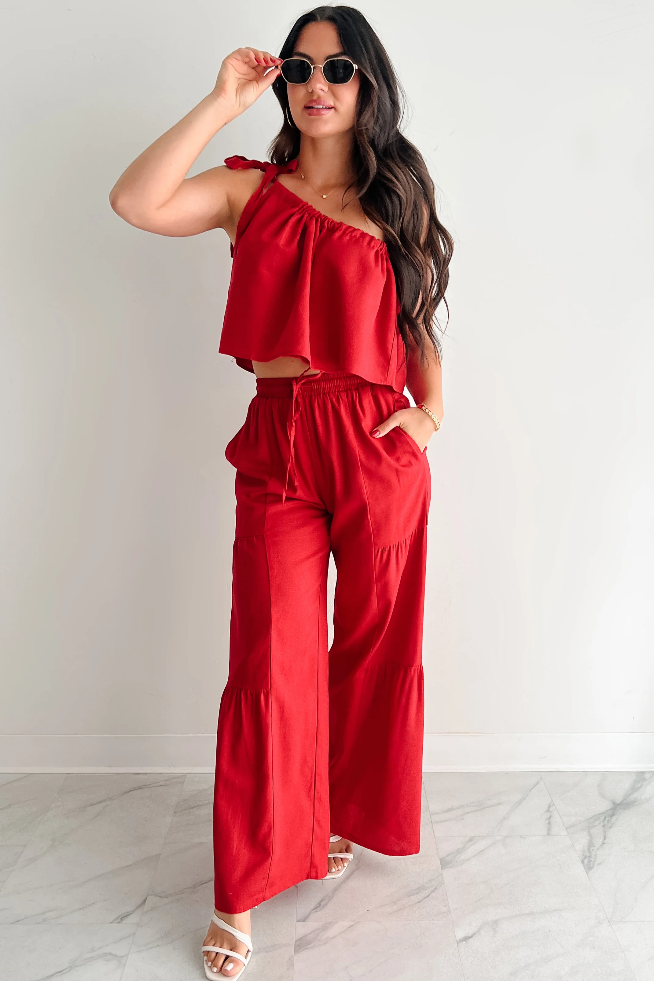Real Karma Tiered Linen Pants (Red) - Image 3