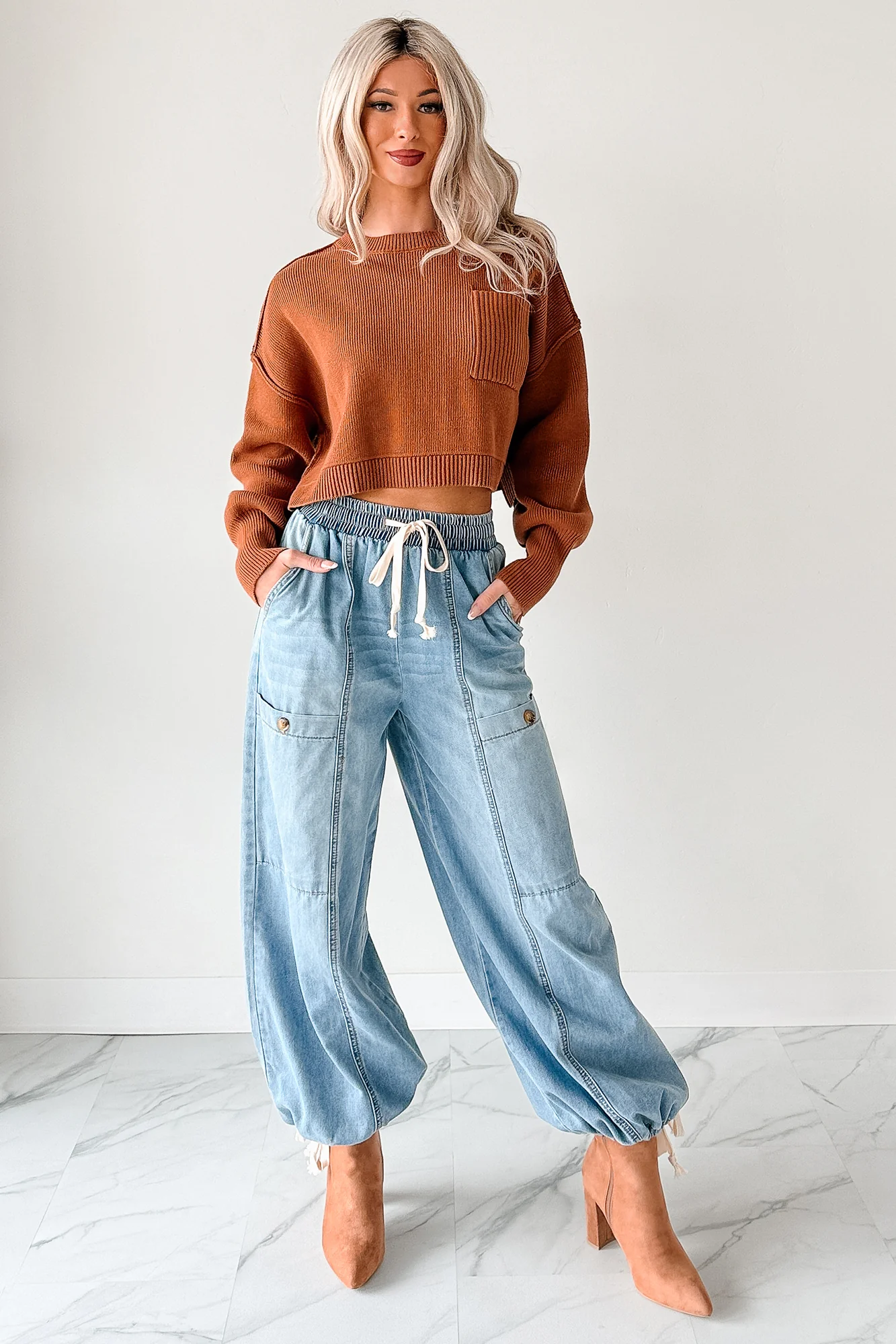 Restless Soul Denim Wide Leg Drawstring Pants (Light)